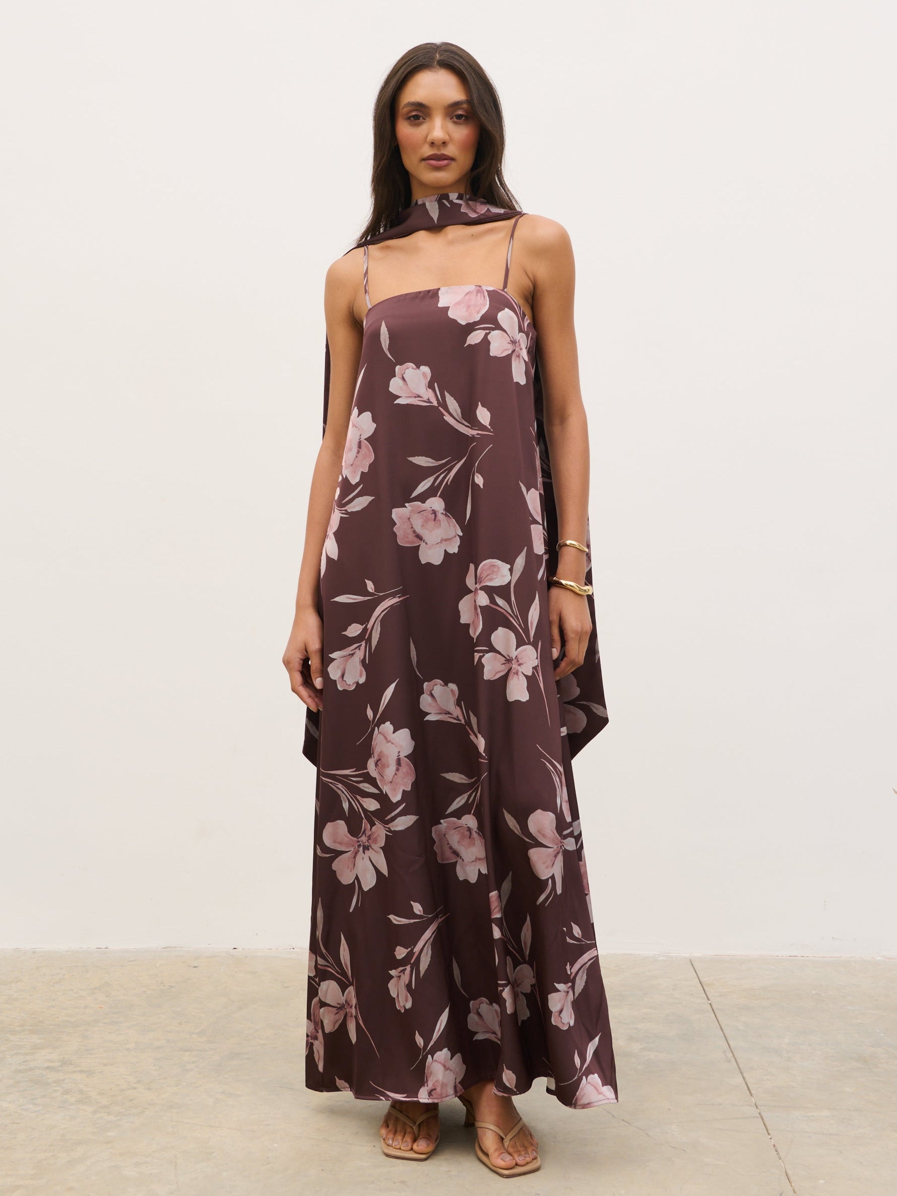 Elowen Scarf A-Line Maxi Dress - Brown Botanical Lily Floral Pretty Lavish Elowen Scarf A-Line Maxi Dress - Brown Botanical Lily Floral Pretty Lavish