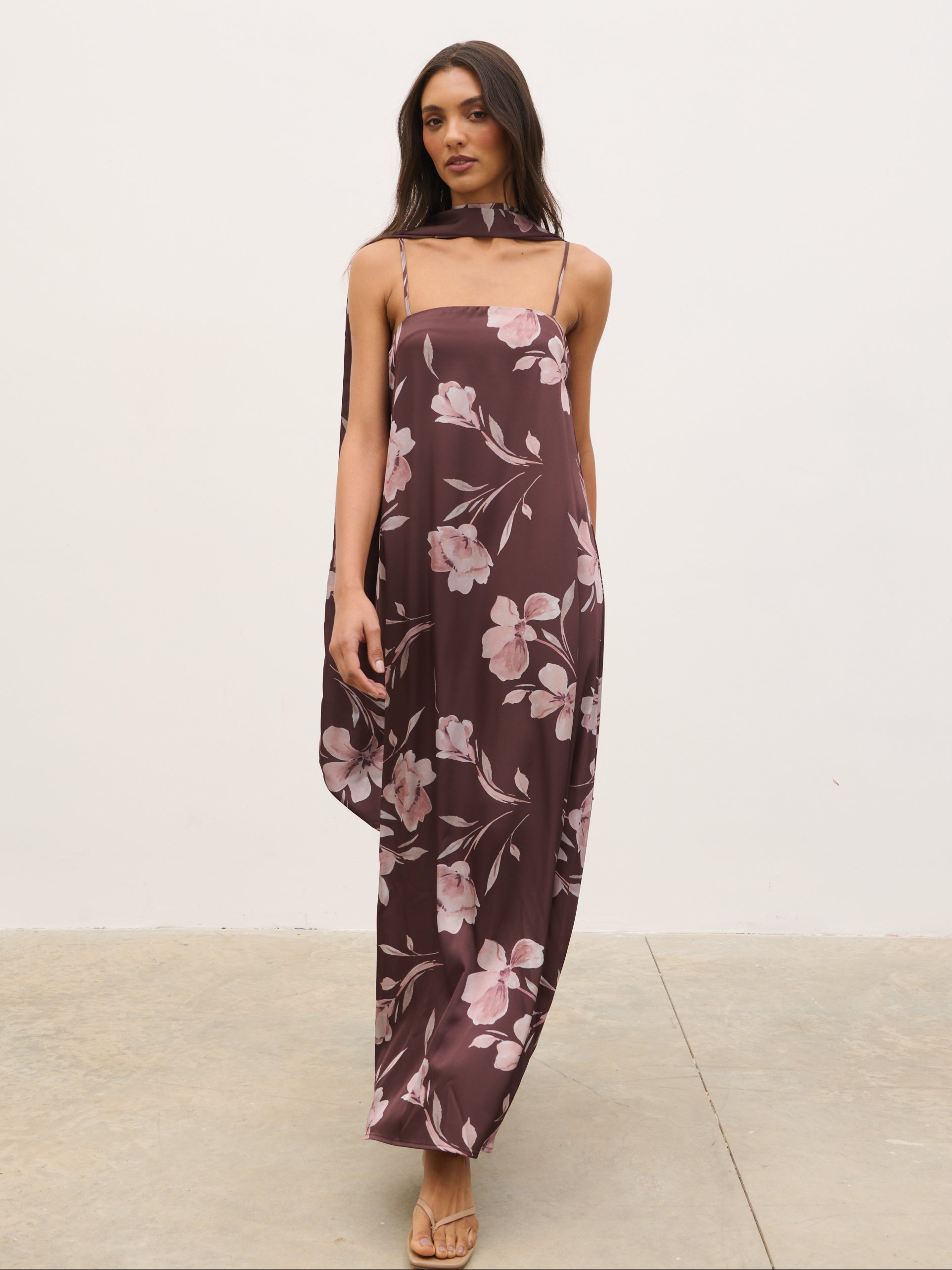 Elowen Scarf A-Line Maxi Dress - Brown Botanical Lily Floral Elowen Scarf A-Line Maxi Dress - Brown Botanical Lily Floral