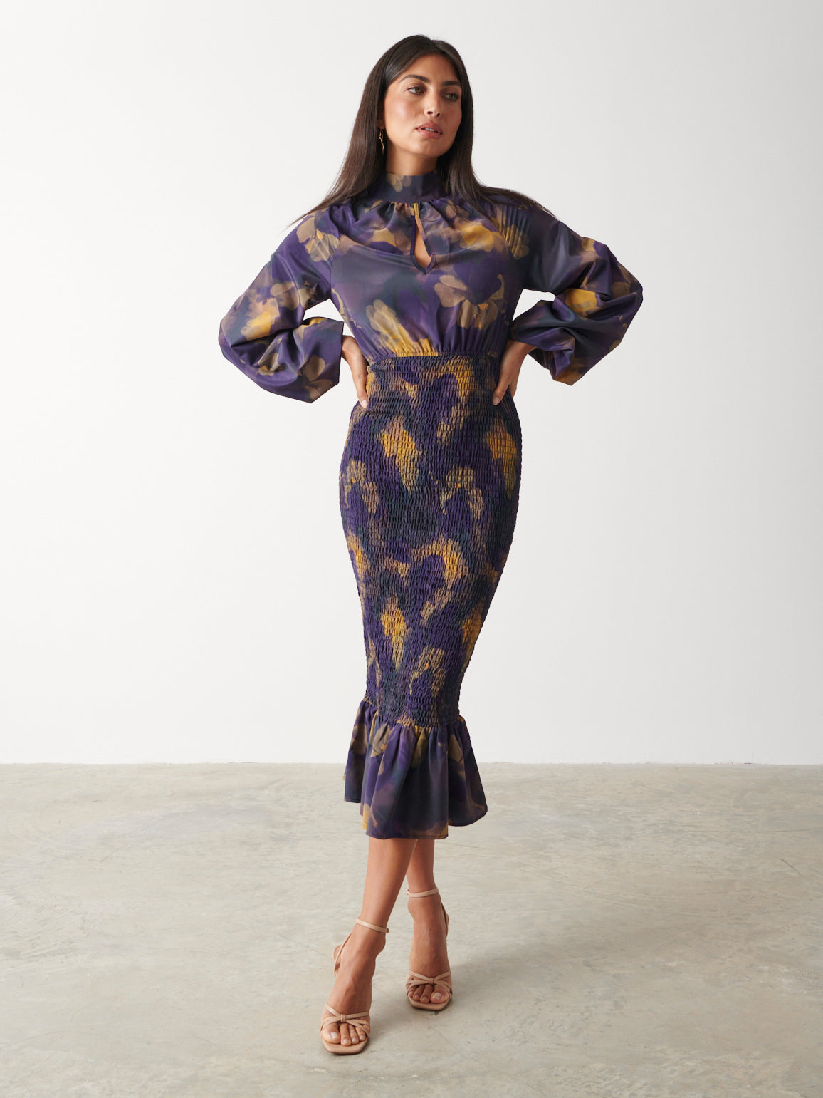 Emily High Neck Shirred Midaxi Dress - Dark Amethyst & Saffron Floral