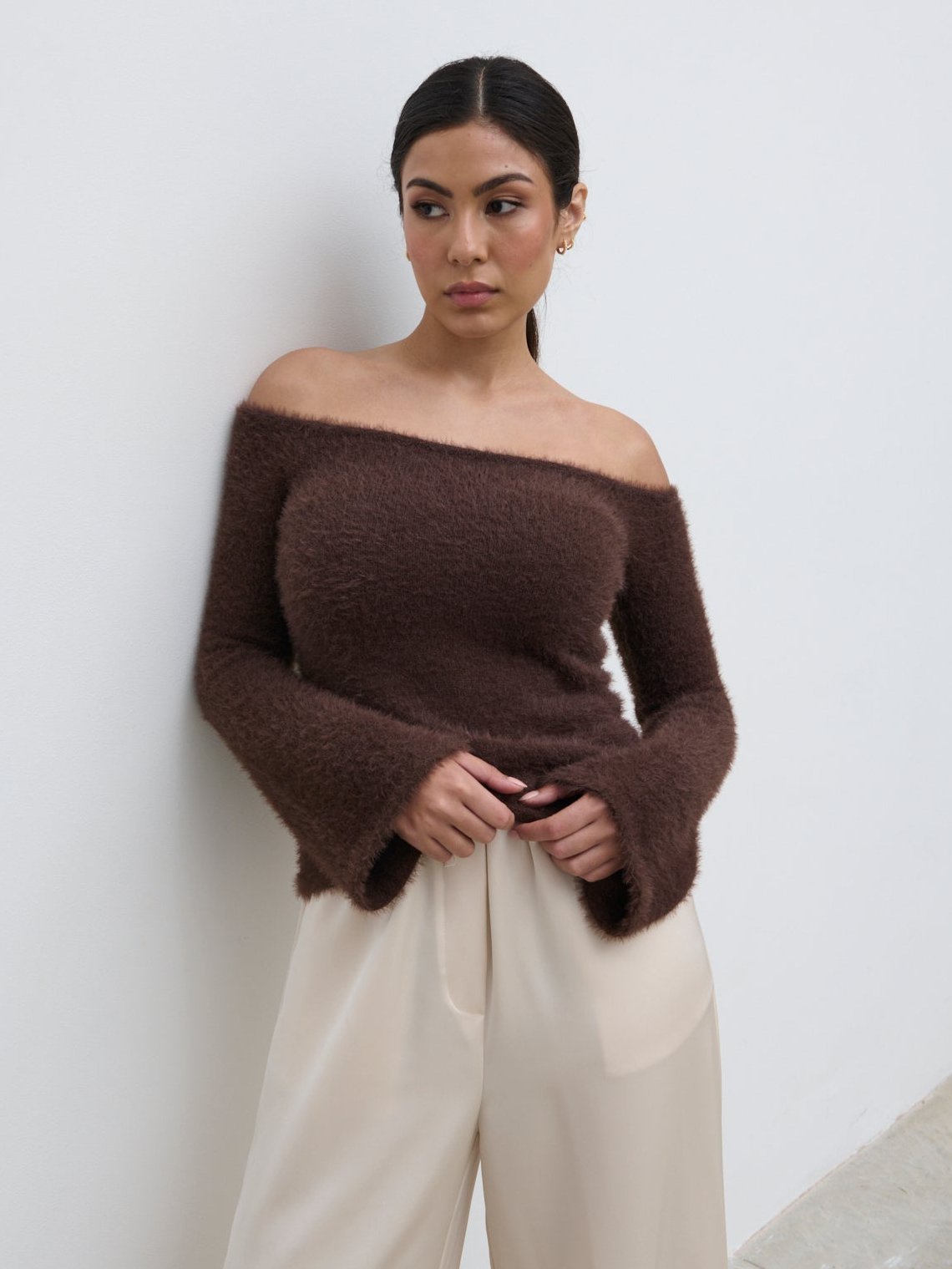 Erika Bardot Fluffy Knit Top - Chocolate