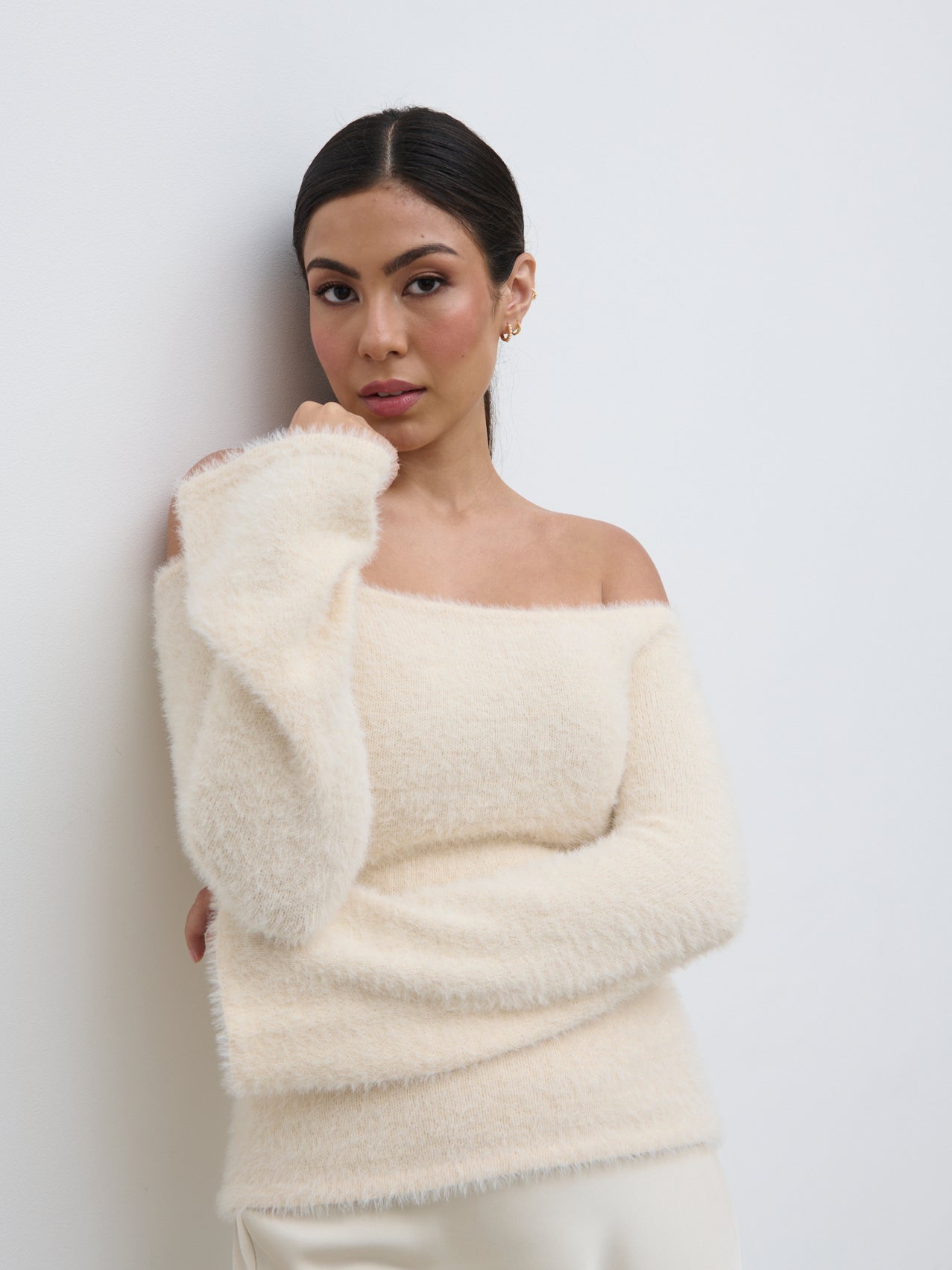 Erika Bardot Fluffy Knit Top - Cream