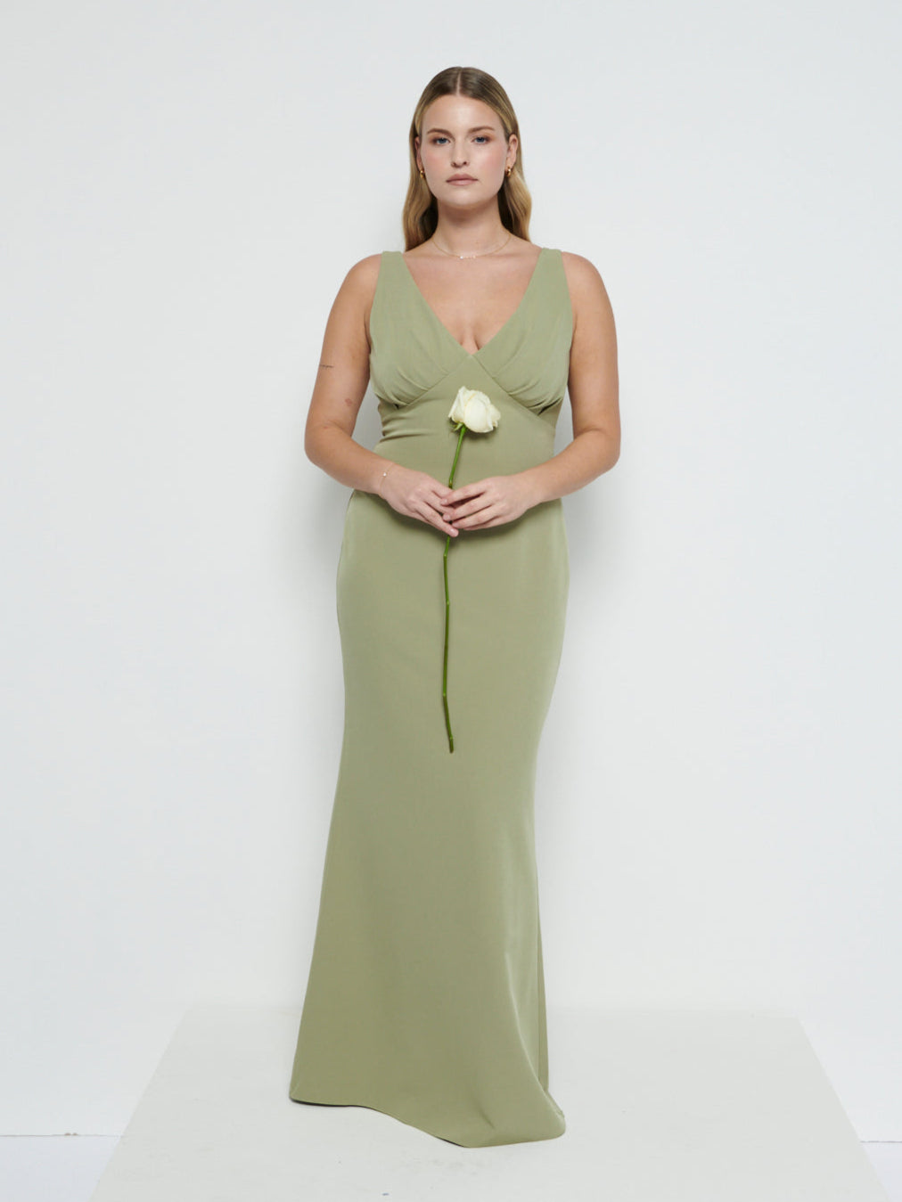 Esmee V-Neck Crepe Maxi Bridesmaid Dress - Olive Pretty Lavish Esmee V-Neck Crepe Maxi Bridesmaid Dress - Olive Pretty Lavish