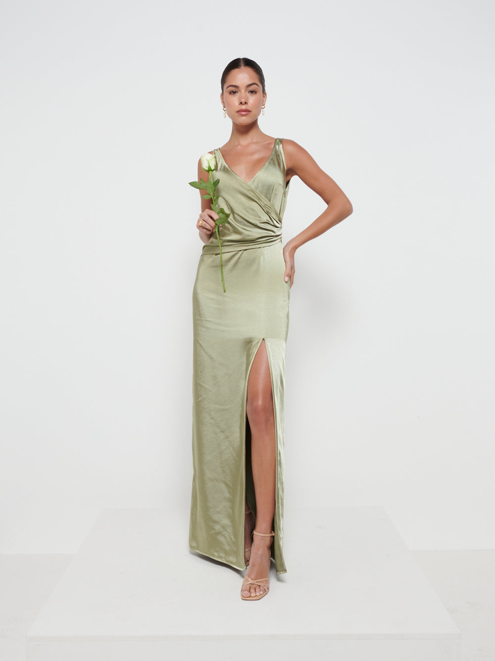 Esmee Wrap Maxi Bridesmaid Dress - Matte Olive – Pretty Lavish