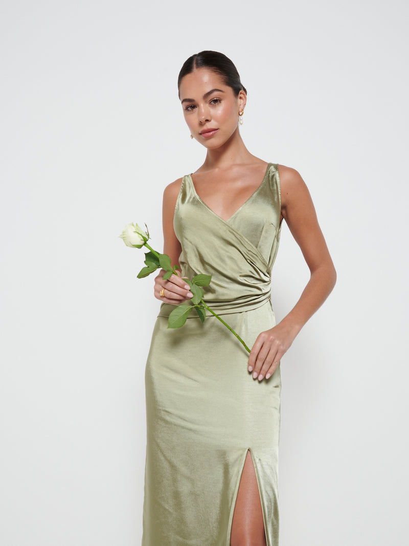 Esmee Wrap Maxi Bridesmaid Dress - Matte Olive – Pretty Lavish