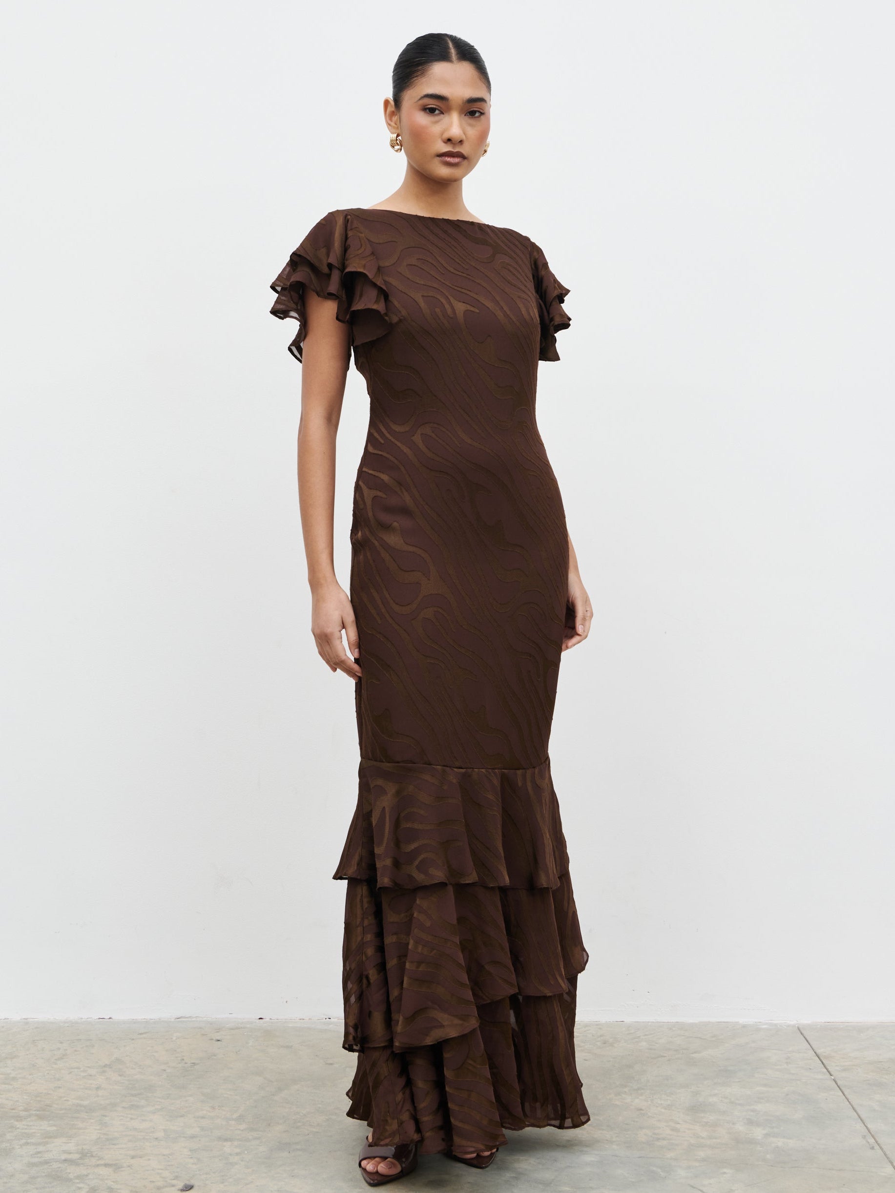 Ester Ruffle Jacquard Maxi Dress - Brown Devore Pretty Lavish Ester Ruffle Jacquard Maxi Dress - Brown Devore Pretty Lavish