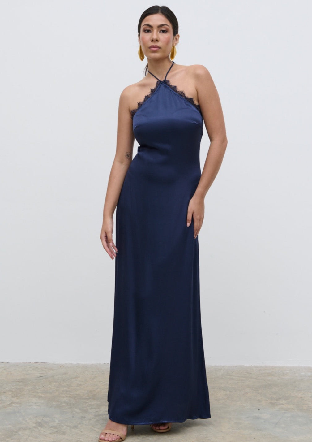 Everly Lace Trim Halter Maxi Dress - Navy