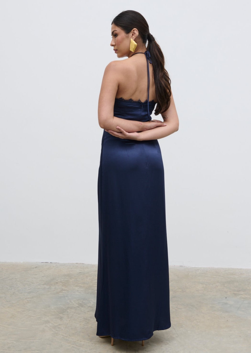 Everly Lace Trim Halter Maxi Dress - Navy