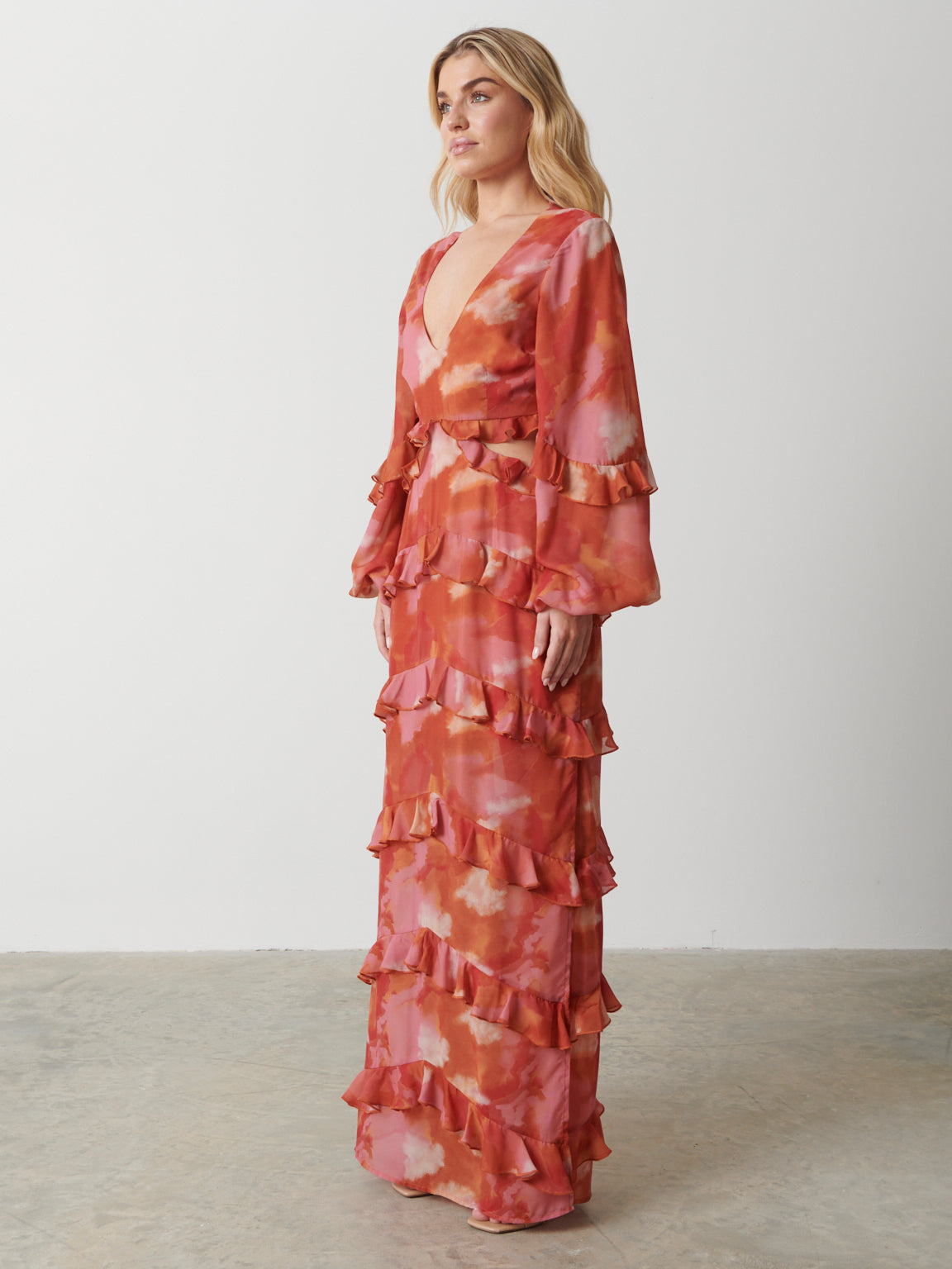 Evie Ruffle Maxi Dress - Abstract Watercolour