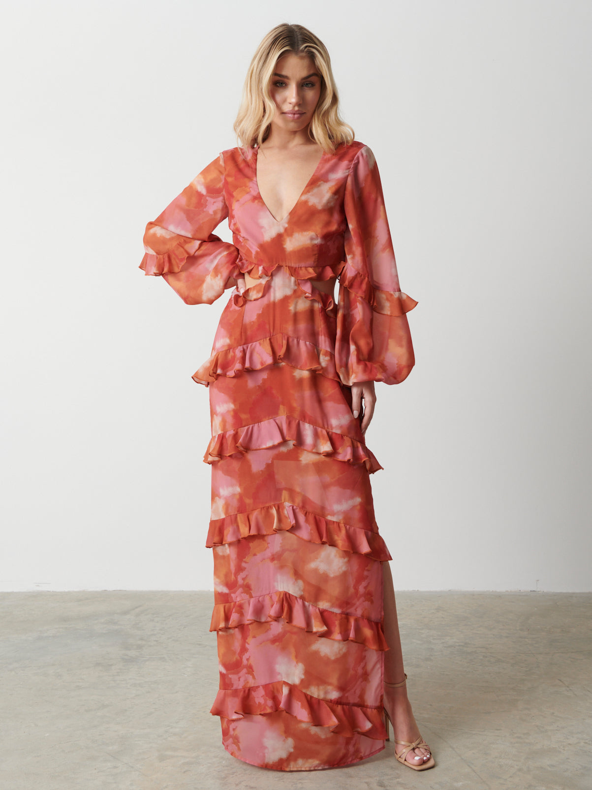 Evie Ruffle Maxi Dress - Abstract Watercolour