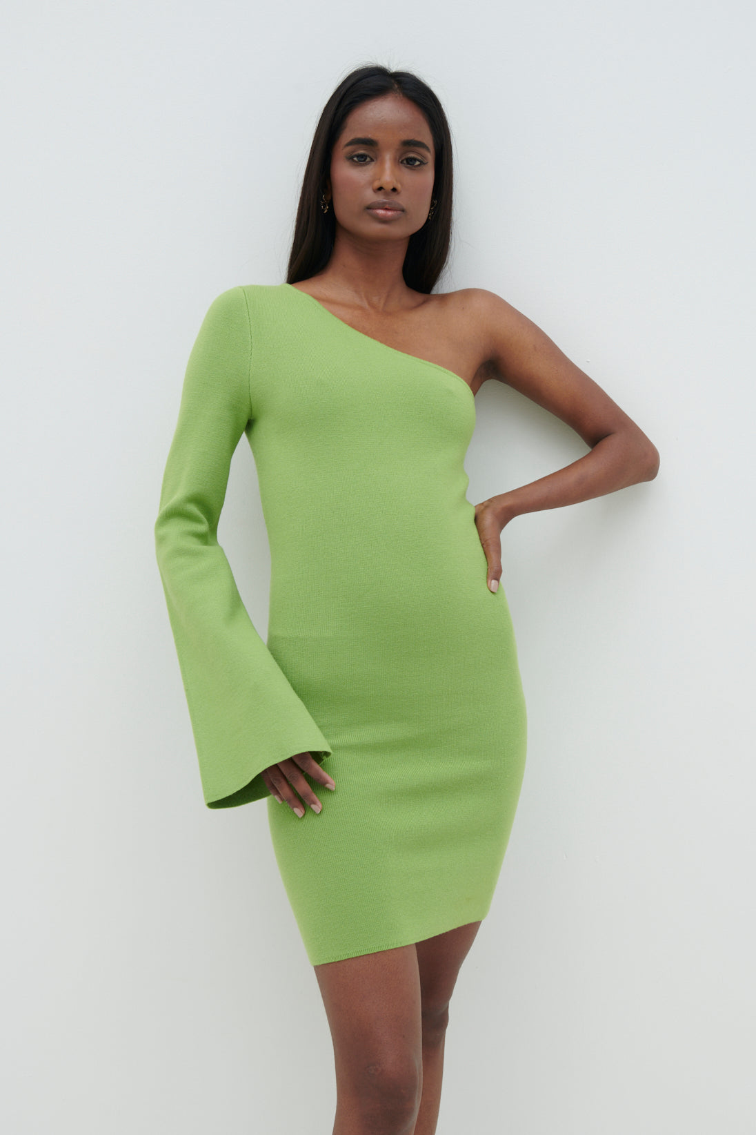 Mini-robe Faith en tricot à une épaule - Citron vert