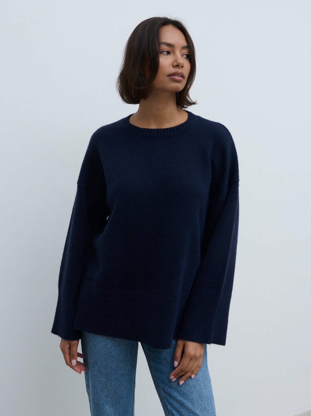 Finnity Slouchy Crew Neck Knit Jumper - Navy