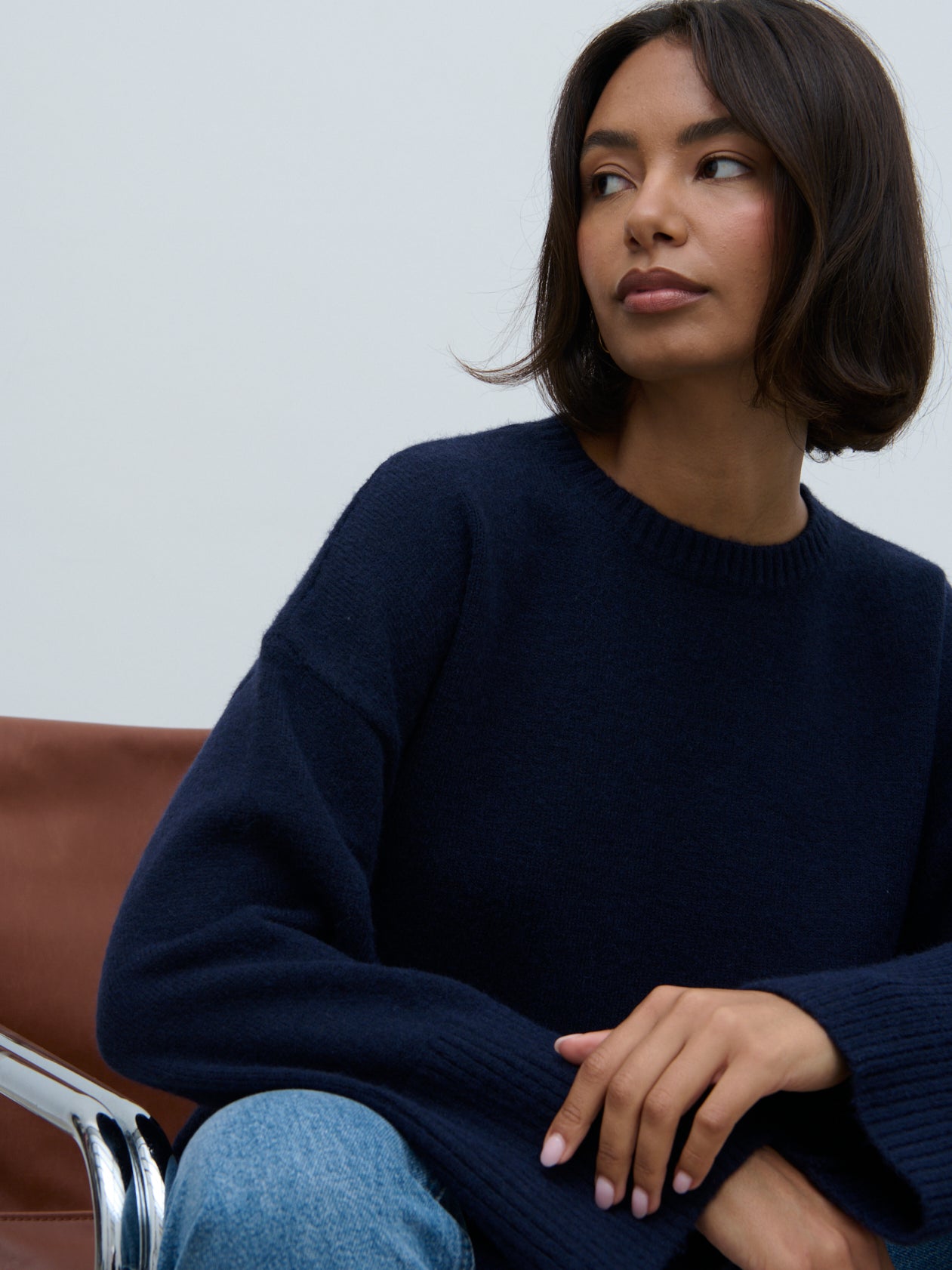 Finnity Slouchy Crew Neck Knit Jumper - Navy