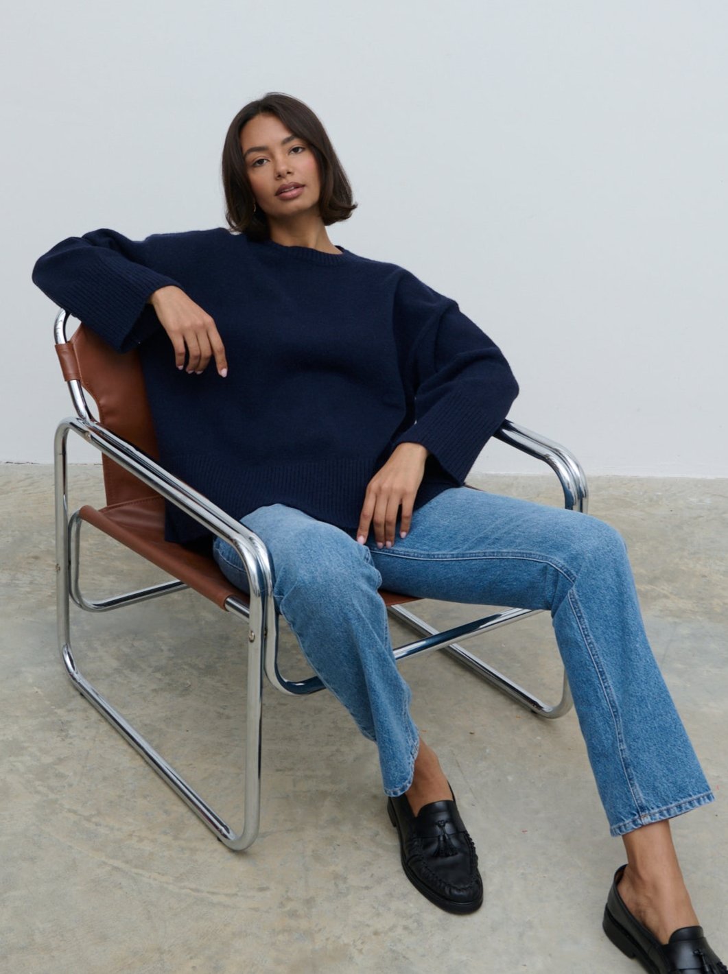 Finnity Slouchy Crew Neck Knit Jumper - Navy