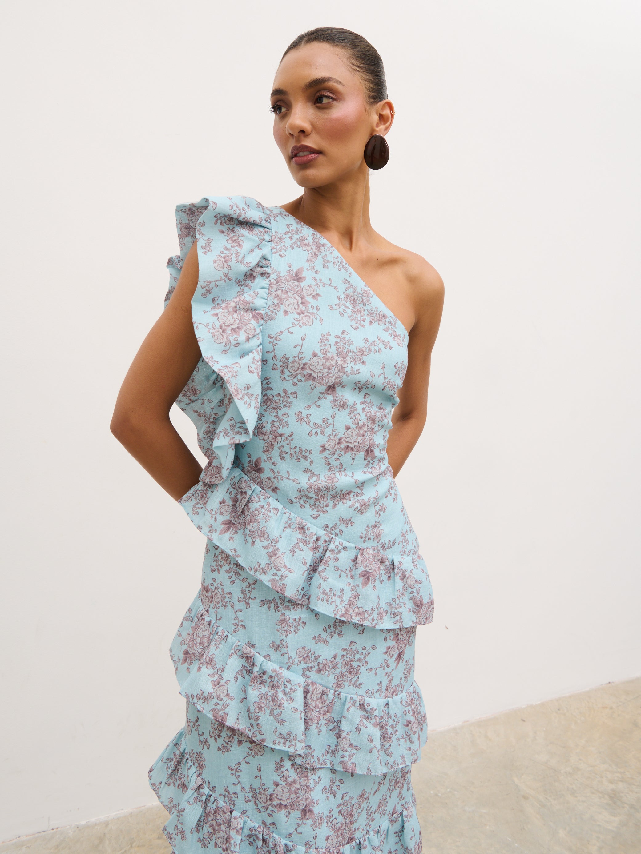Fleur Tiered Frill One Shoulder Midaxi Dress - Seaspray and Brown Floral Fleur Tiered Frill One Shoulder Midaxi Dress - Seaspray and Brown Floral