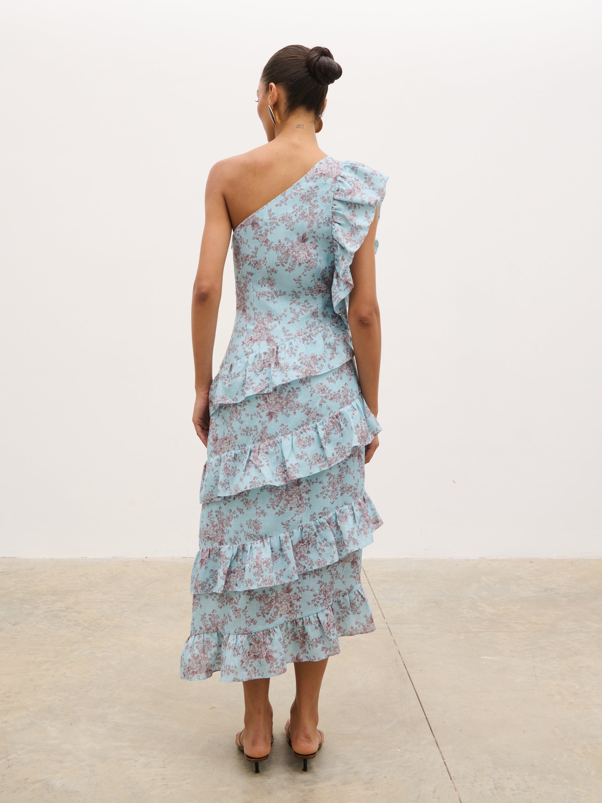 Fleur Tiered Frill One Shoulder Midaxi Dress - Seaspray and Brown