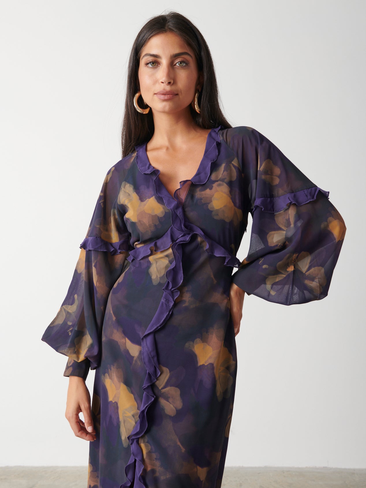 Francesca Frill Maxi Dress - Dark Amethyst & Saffron Floral
