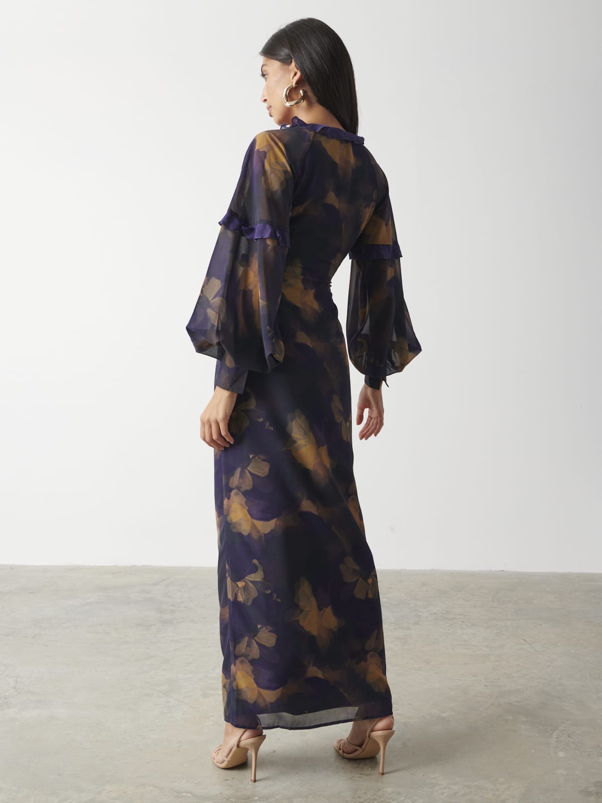 Francesca Frill Maxi Dress - Dark Amethyst & Saffron Floral Pretty Lavish Francesca Frill Maxi Dress - Dark Amethyst & Saffron Floral Pretty Lavish