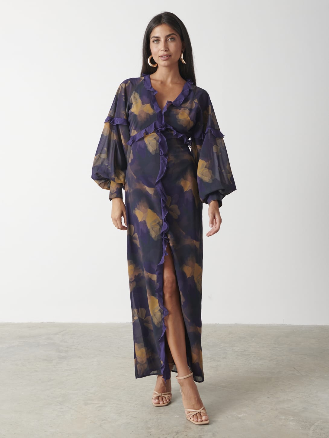 Francesca Frill Maxi Dress - Dark Amethyst & Saffron Floral Pretty Lavish Francesca Frill Maxi Dress - Dark Amethyst & Saffron Floral Pretty Lavish
