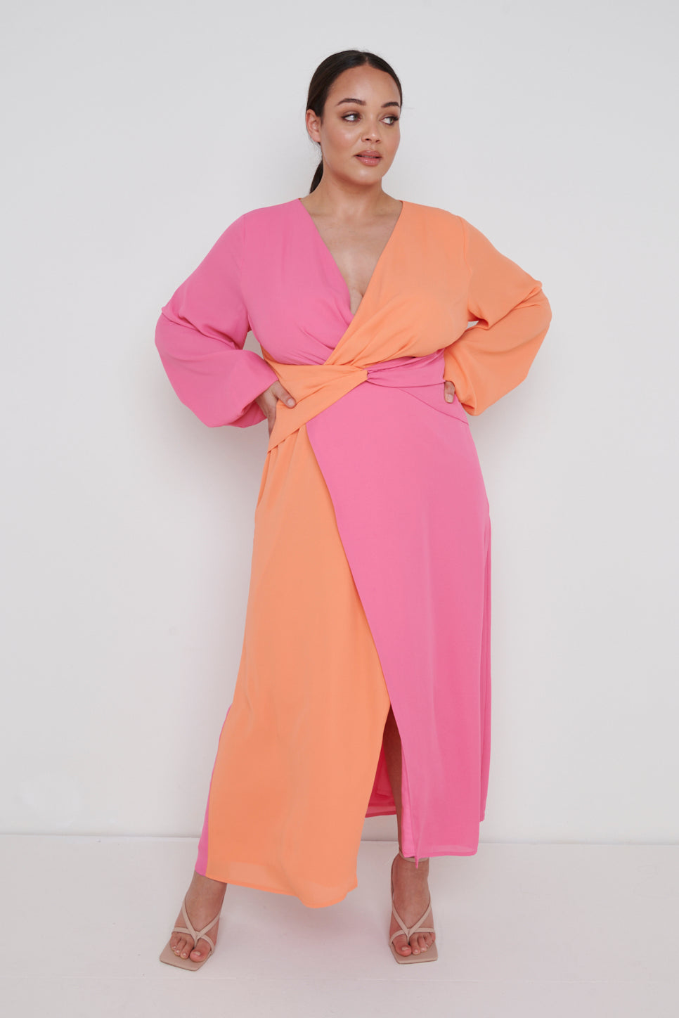 Frieda Knot Contrast Dress Curve - Orange and Pink