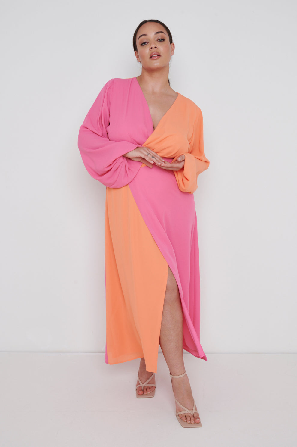 Frieda Knot Contrast Dress Curve - Orange and Pink