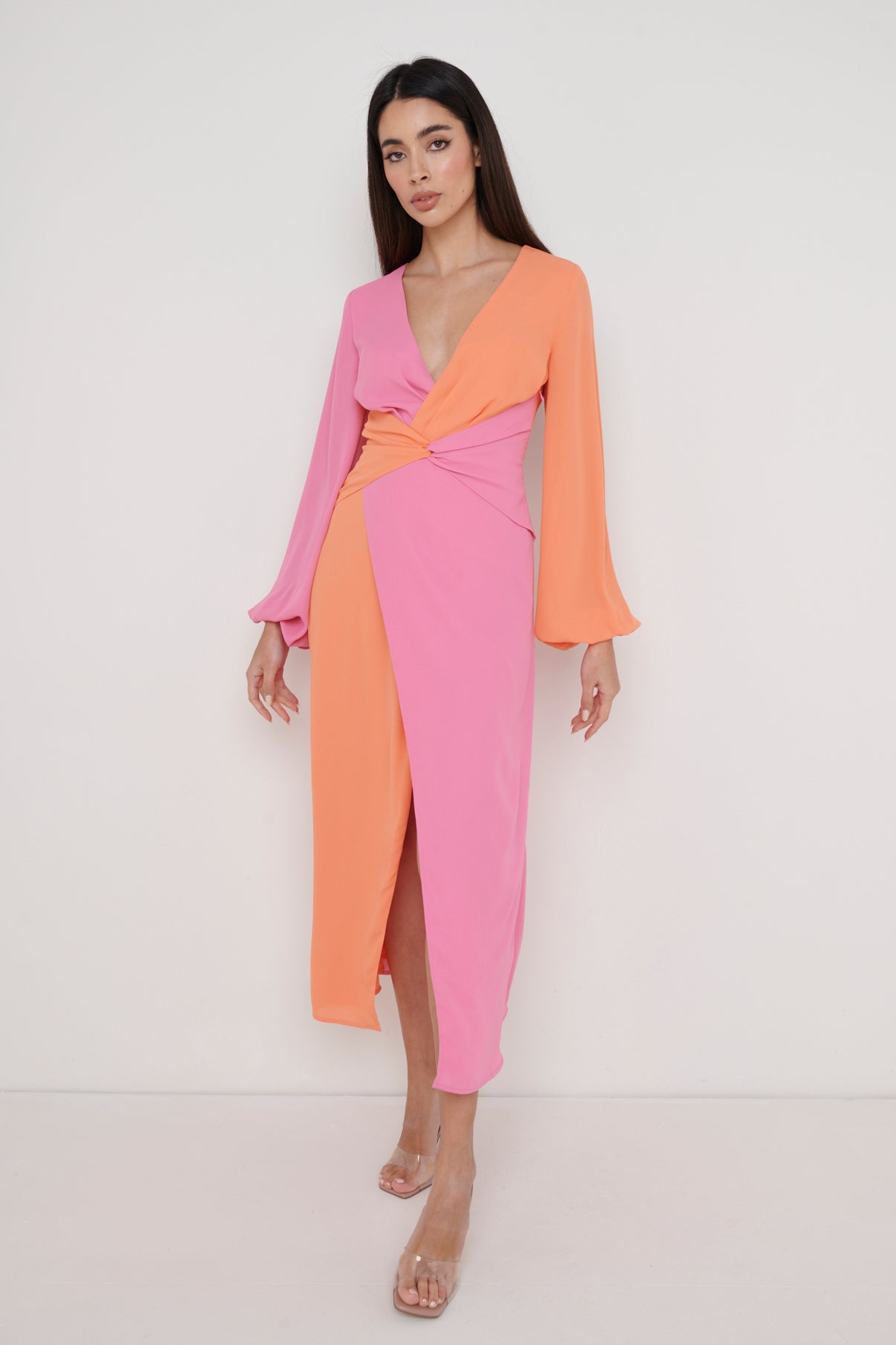 Frieda Knot Contrast Dress - Orange and Pink