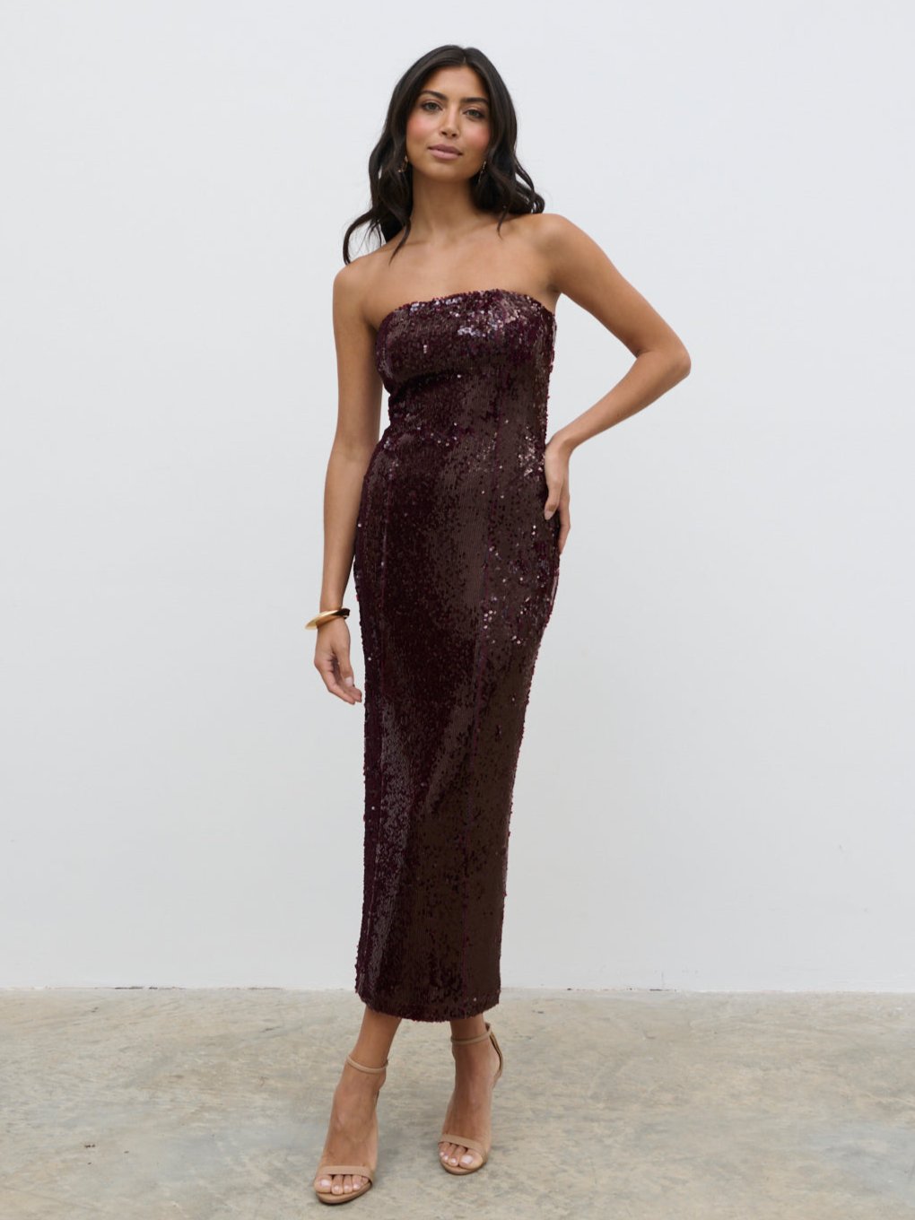 Gene Sequin Midaxi Dress - Wine