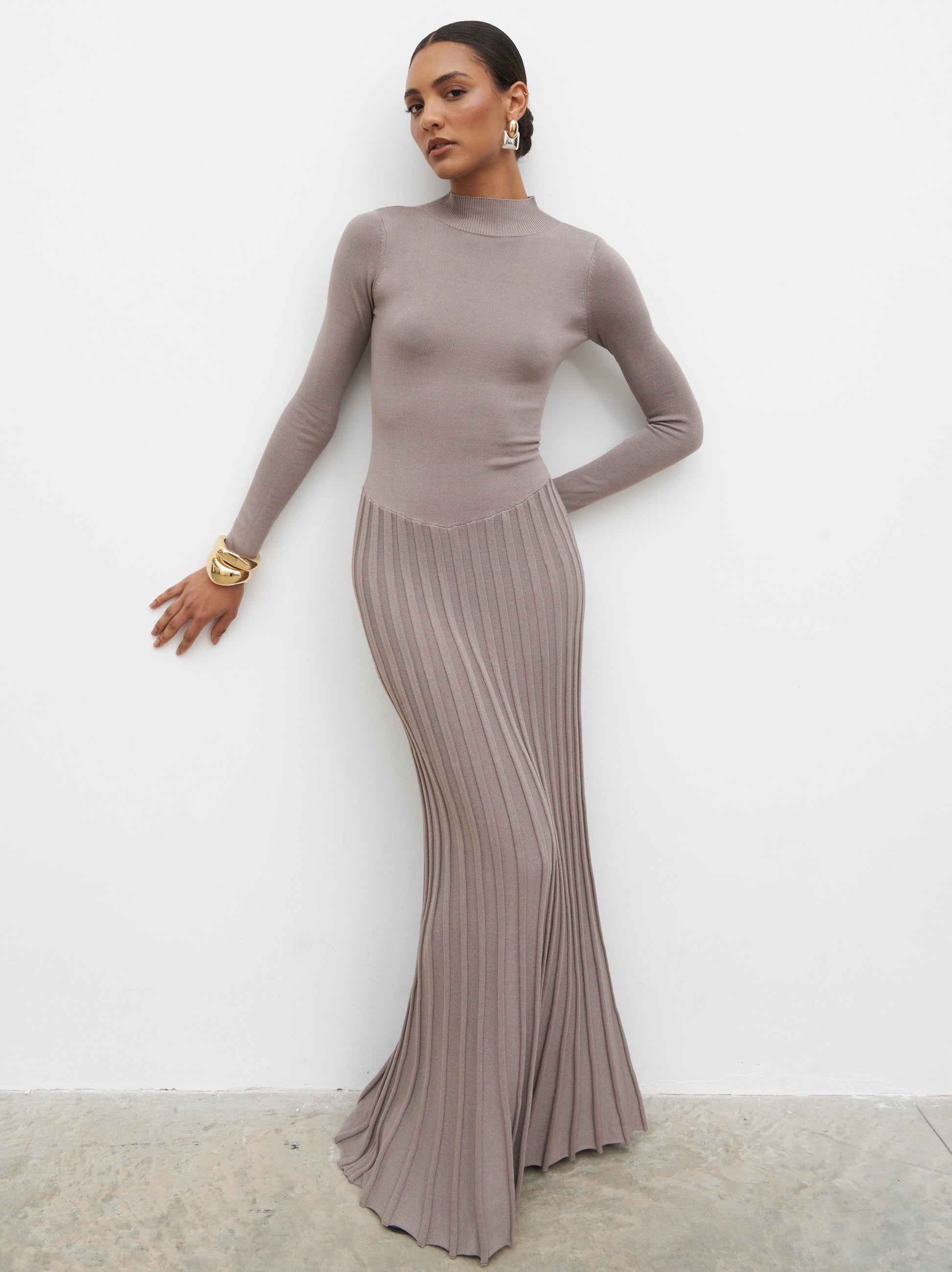 Gloria Fine Knit Pleated Maxi Dress - Dark Taupe Pretty Lavish Gloria Fine Knit Pleated Maxi Dress - Dark Taupe Pretty Lavish