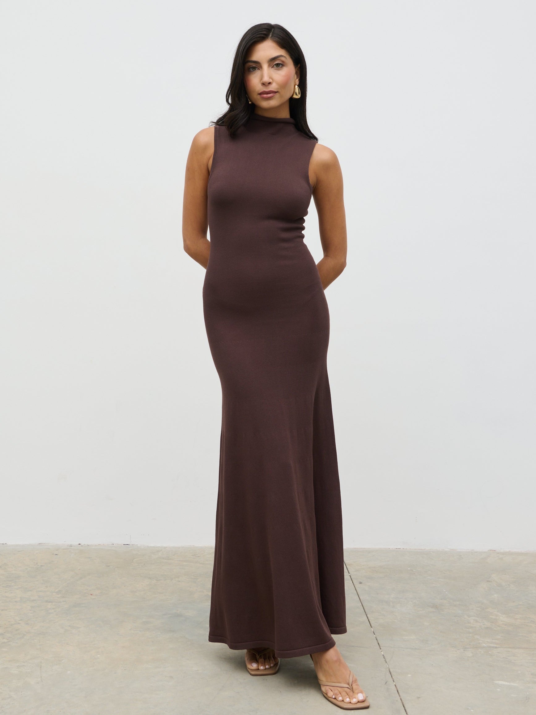Hannah High Neck Knit Maxi Dress - Brown Pretty Lavish Hannah High Neck Knit Maxi Dress - Brown Pretty Lavish