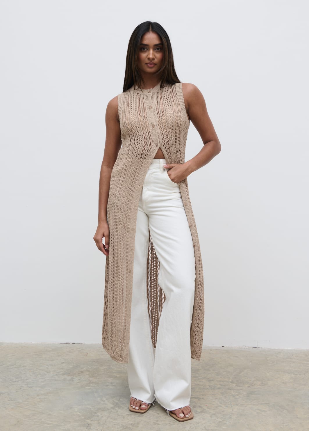 Helen Longline Open Knit Cardigan beige - Main Image