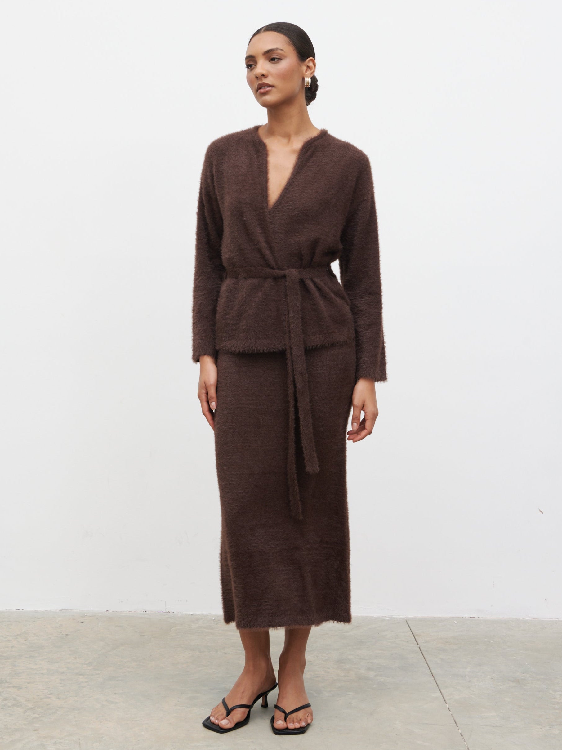 Isabella Fluffy Knit Tie Waist Cardigan Chocolate