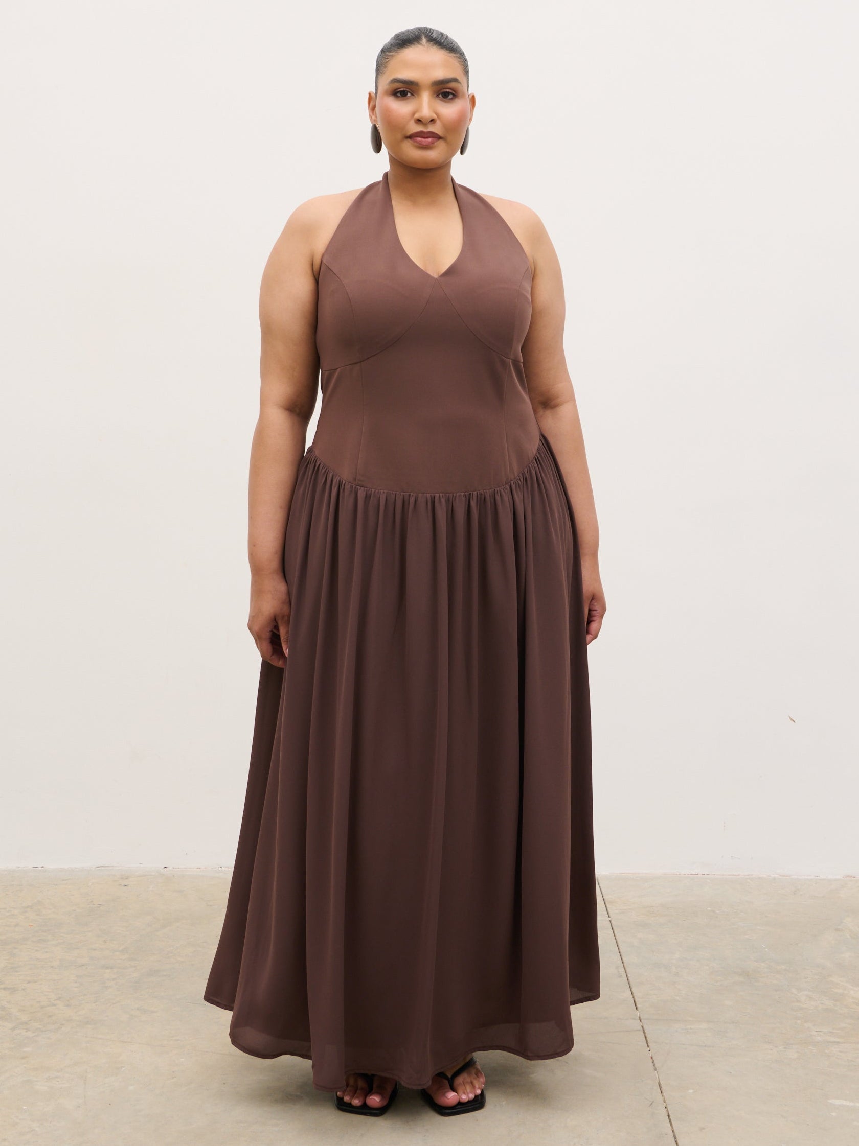Isadora Drop Waist Maxi Dress Curve - Chocolate Brown Isadora Drop Waist Maxi Dress Curve - Chocolate Brown