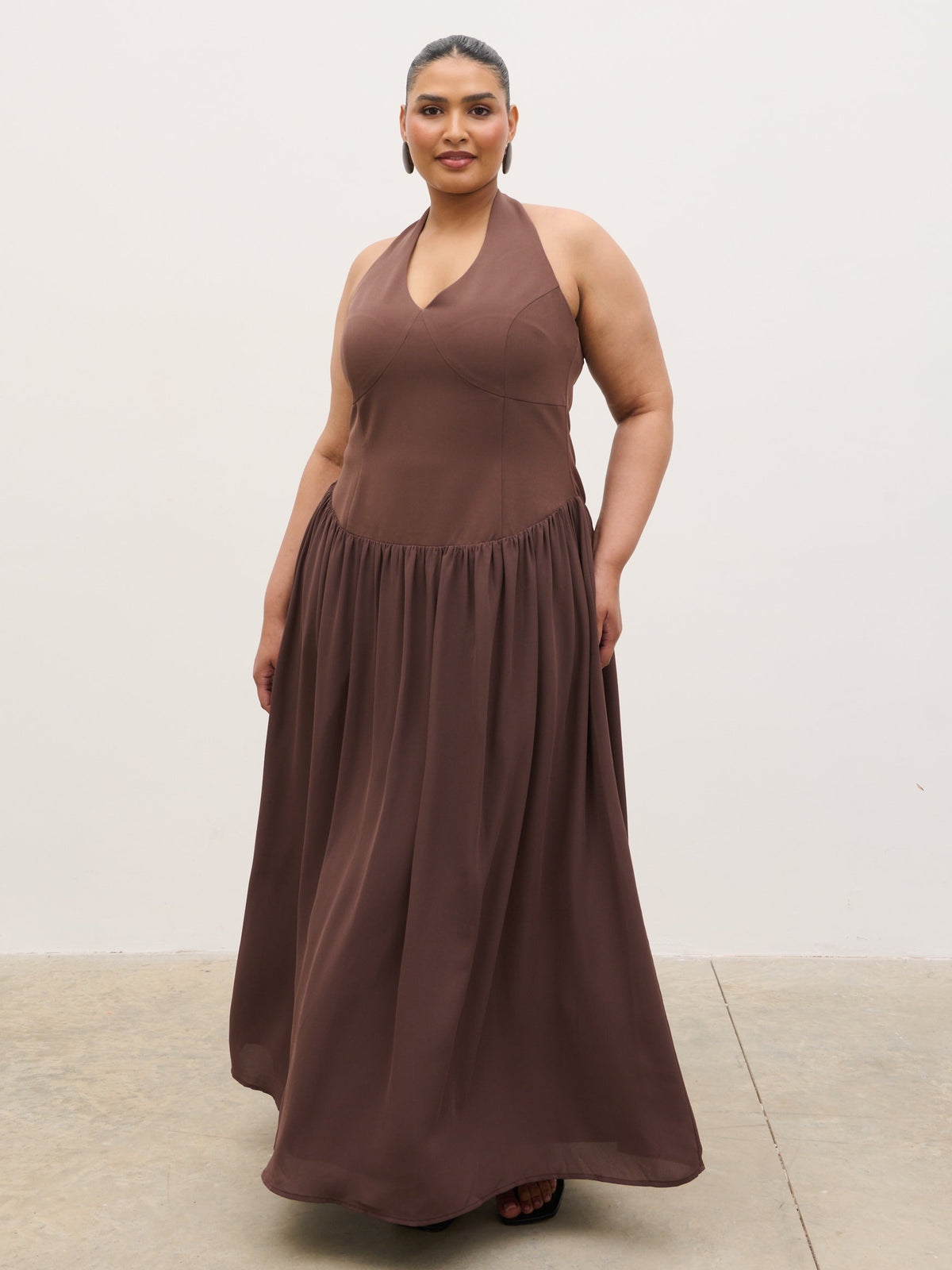 Isadora Drop Waist Maxi Dress Curve Chocolate Brown