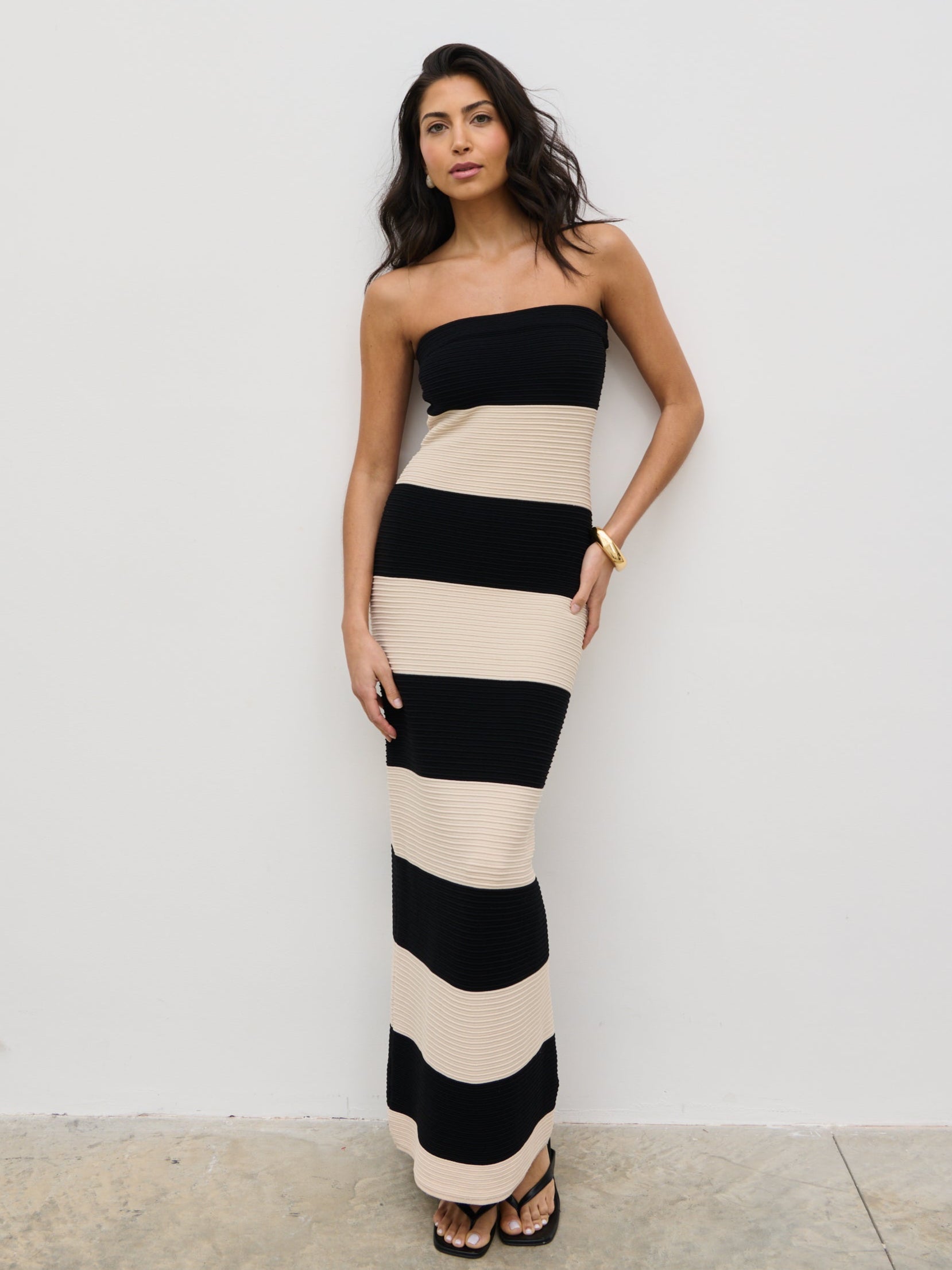 Jamie Bandeau Stripe Crochet Knit Maxi Dress - Black and Cream Pretty Lavish Jamie Bandeau Stripe Crochet Knit Maxi Dress - Black and Cream Pretty Lavish