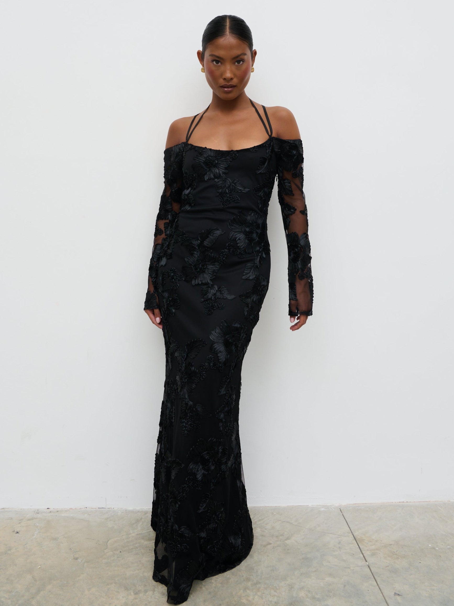 Jamila Cold Shoulder Maxi Dress - Black Jacquard Floral Pretty Lavish Jamila Cold Shoulder Maxi Dress - Black Jacquard Floral Pretty Lavish