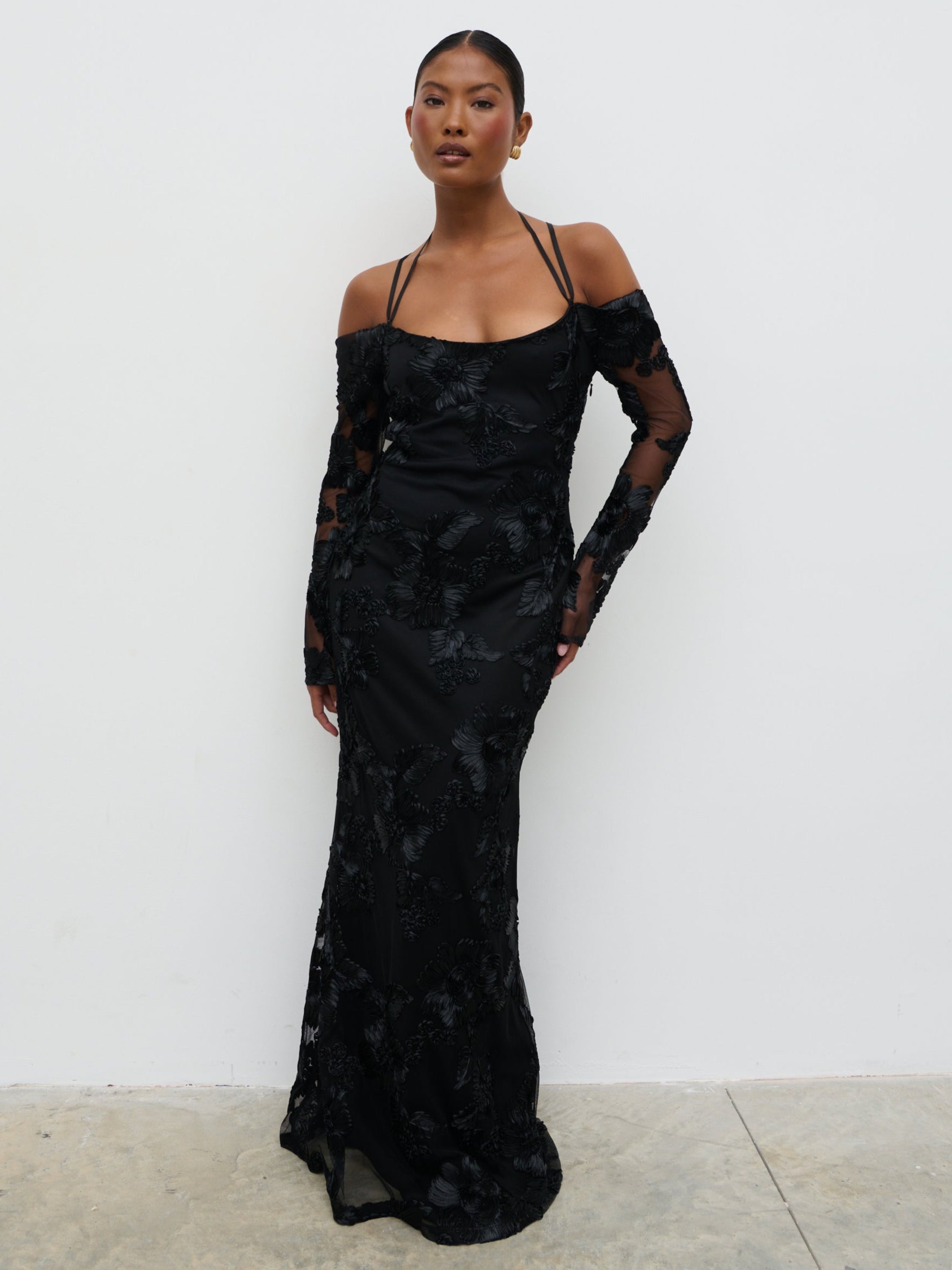 Jamila Cold Shoulder Maxi Dress - Black Jacquard Floral Pretty Lavish Jamila Cold Shoulder Maxi Dress - Black Jacquard Floral Pretty Lavish