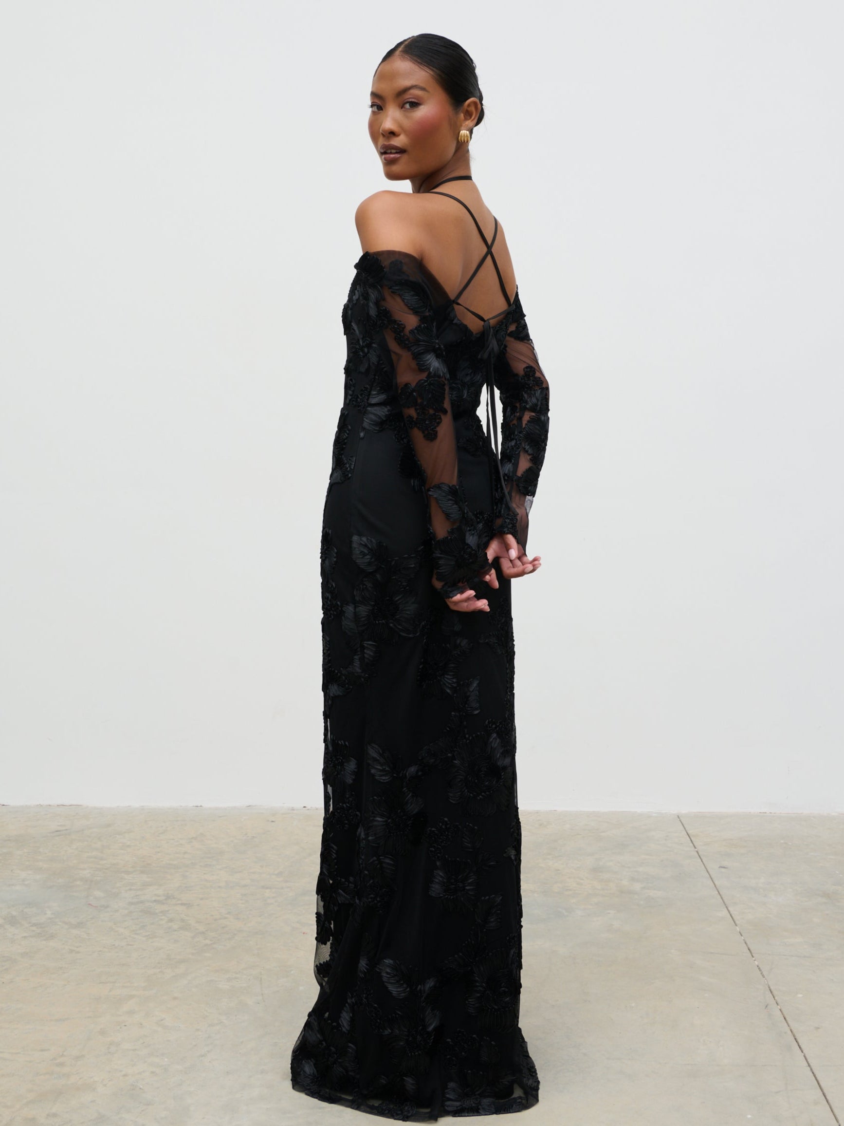 Jamila Cold Shoulder Maxi Dress - Black Jacquard Floral Pretty Lavish Jamila Cold Shoulder Maxi Dress - Black Jacquard Floral Pretty Lavish