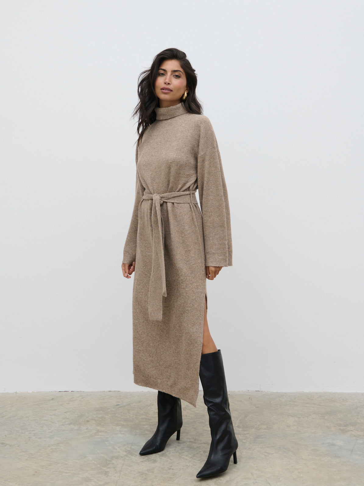 Jayda Knit Roll Neck Midaxi Dress - Taupe