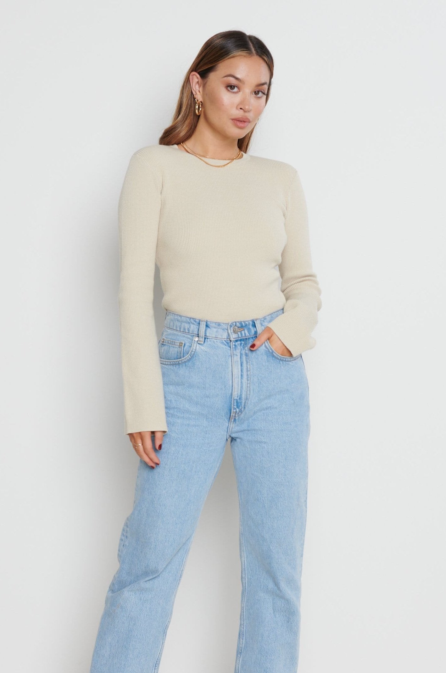 Jayla Long Sleeve Knit Top - Beige