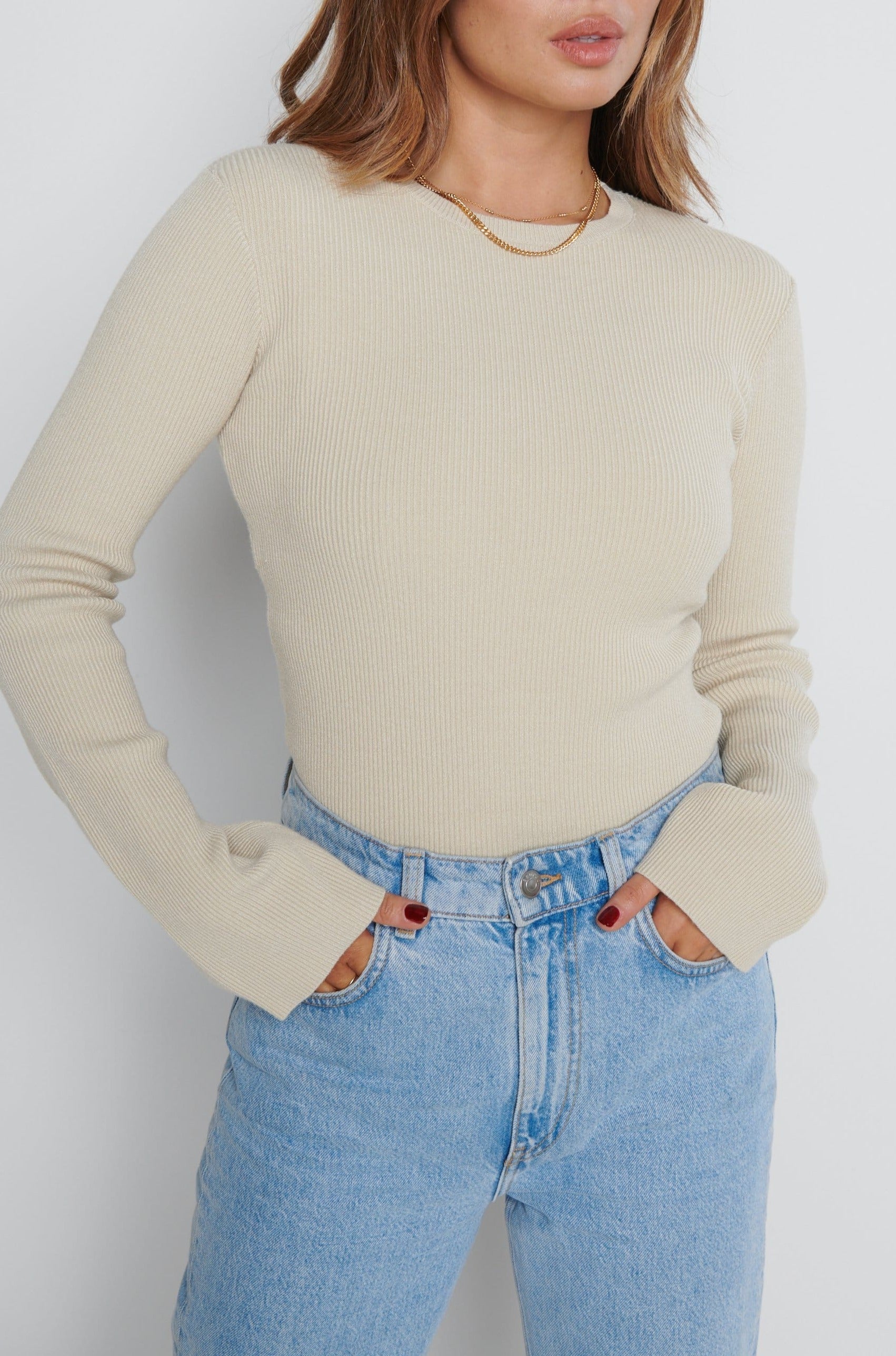 Jayla Long Sleeve Knit Top - Beige