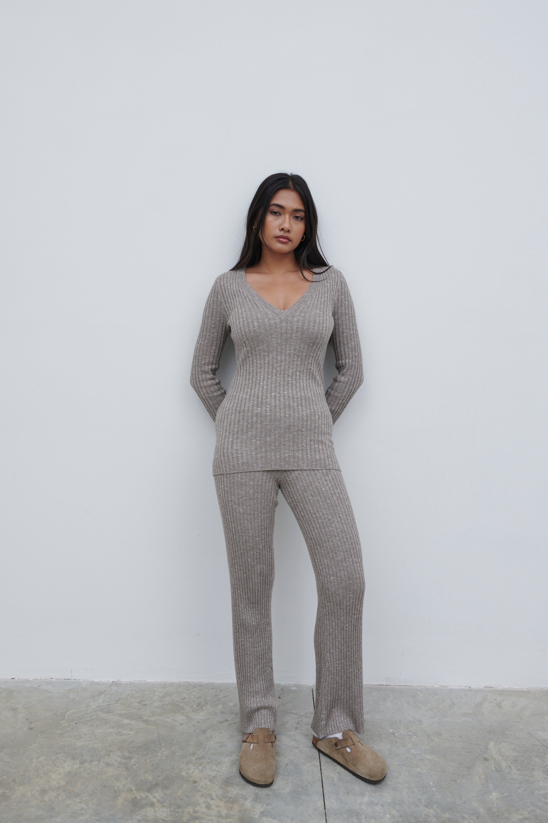 Jessie Ribbed Knit Trousers Grey Marl