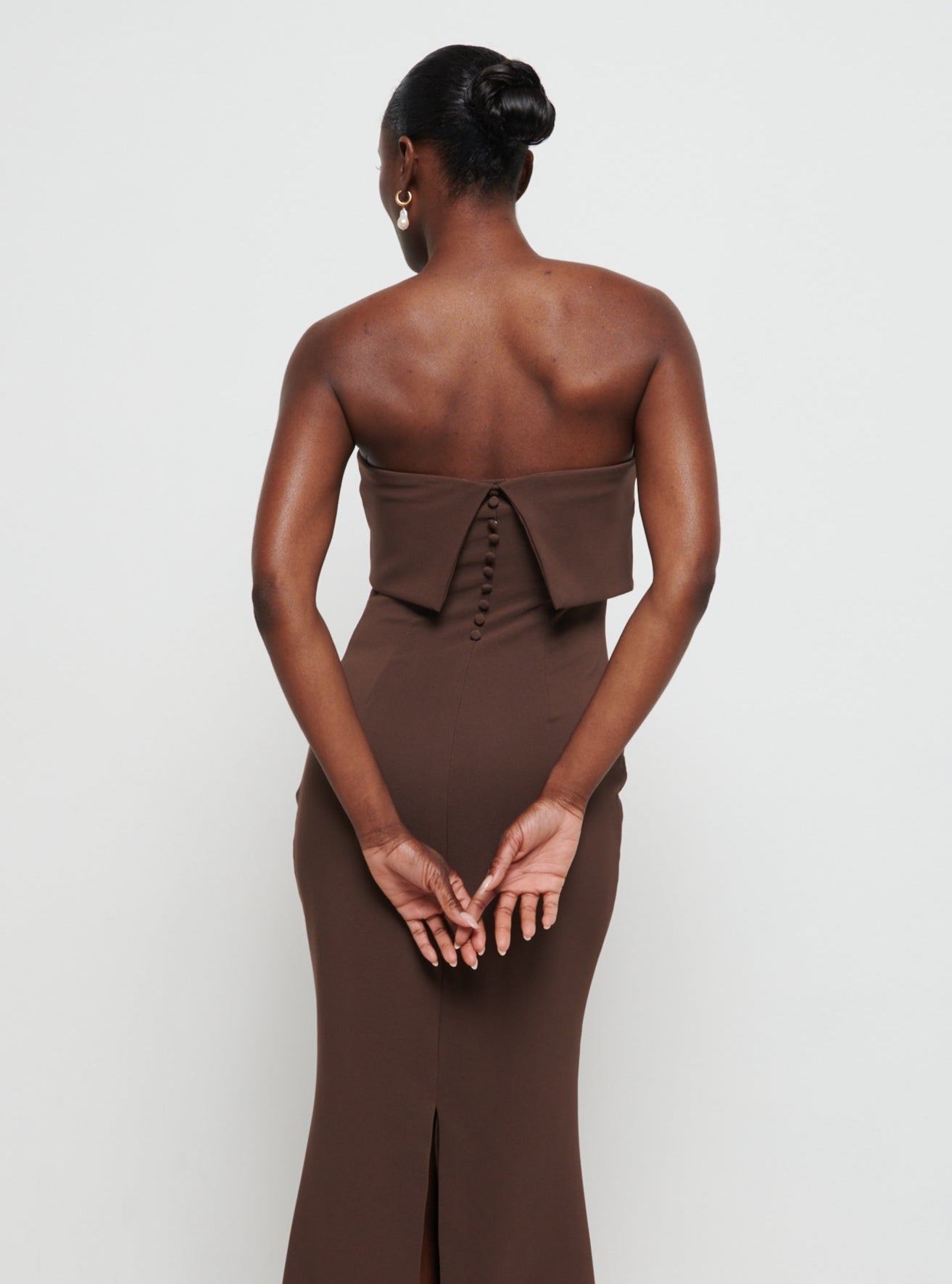 Julia Strapless Crepe Maxi Bridesmaid Dress - Chocolate Pretty Lavish Julia Strapless Crepe Maxi Bridesmaid Dress - Chocolate Pretty Lavish
