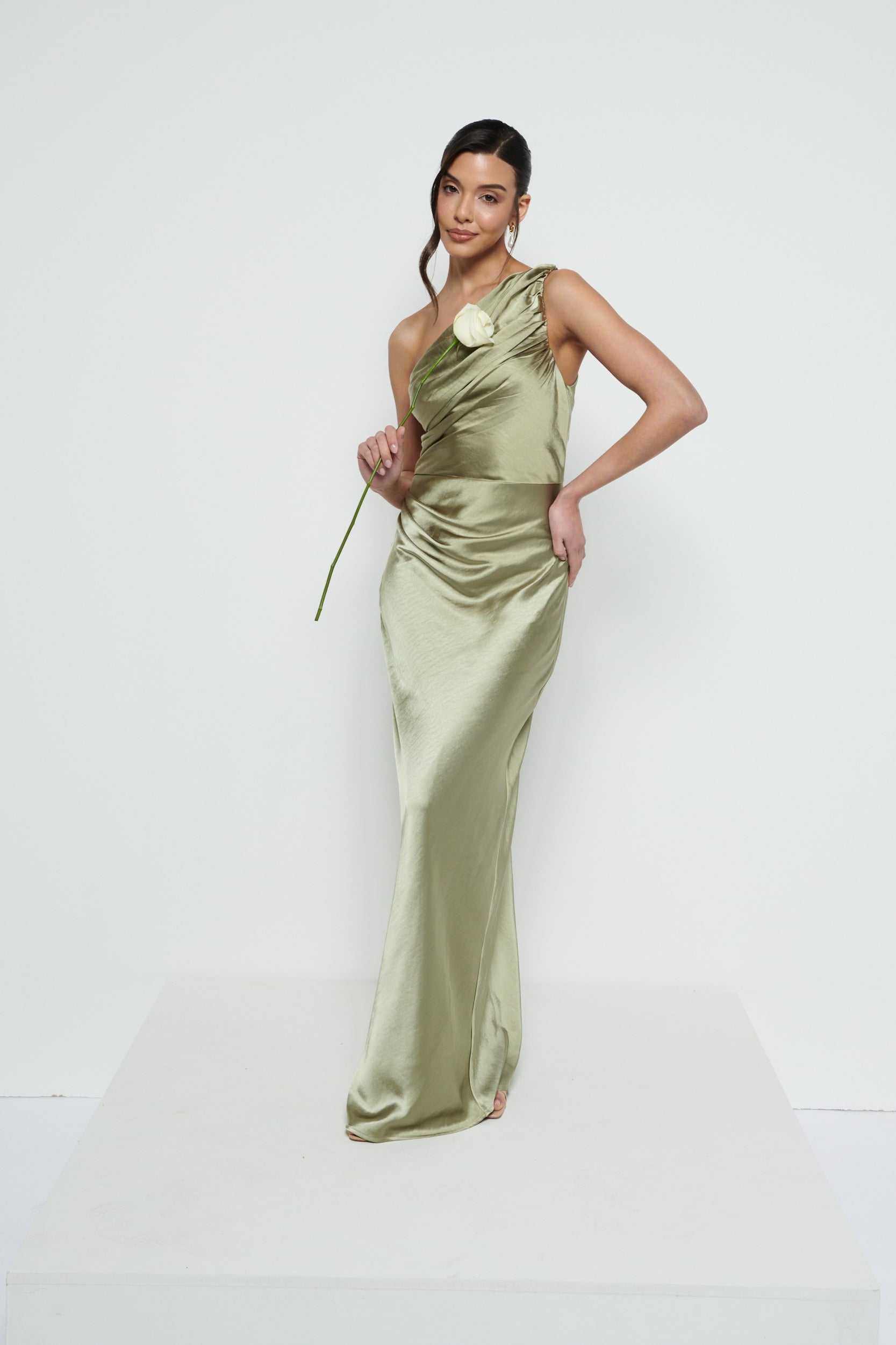 Juliet Ruched Maxi Bridesmaid Dress - Matte Olive Pretty Lavish Juliet Ruched Maxi Bridesmaid Dress - Matte Olive Pretty Lavish