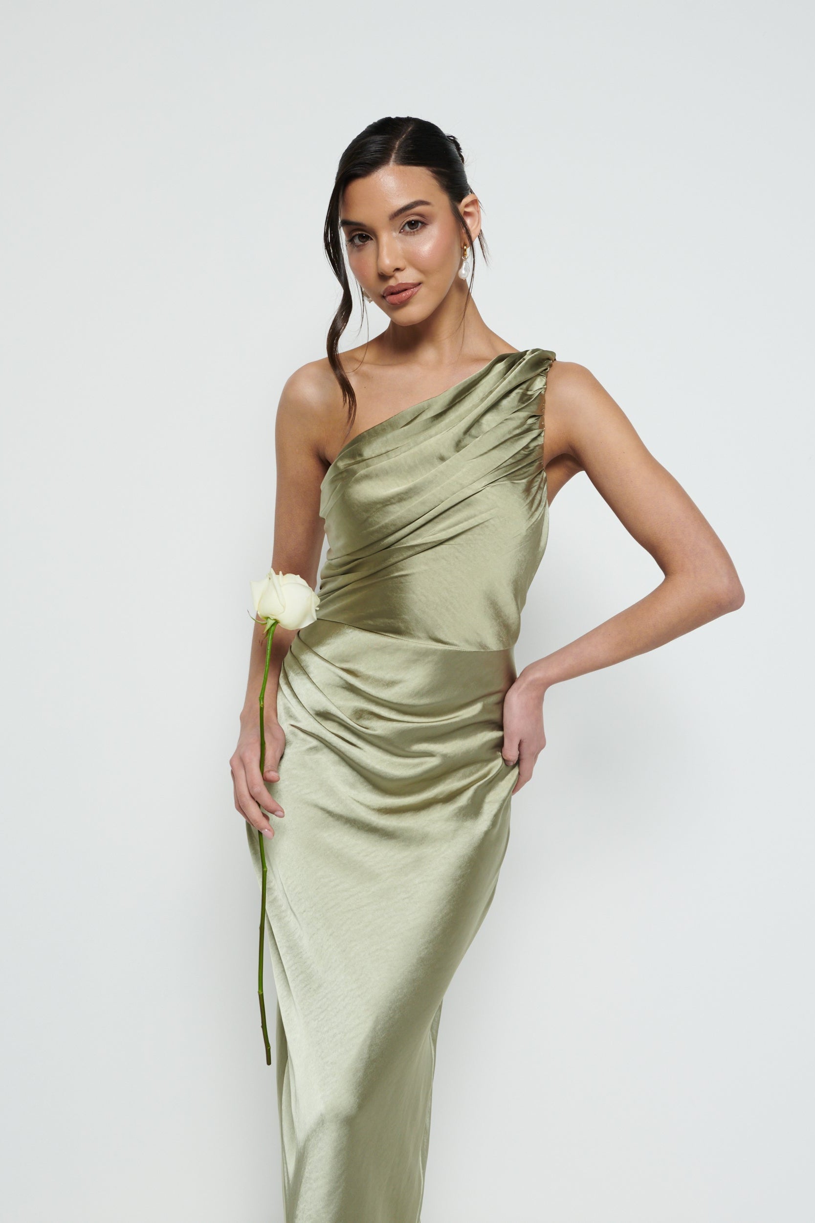 Juliet Ruched Maxi Bridesmaid Dress - Matte Olive Pretty Lavish Juliet Ruched Maxi Bridesmaid Dress - Matte Olive Pretty Lavish