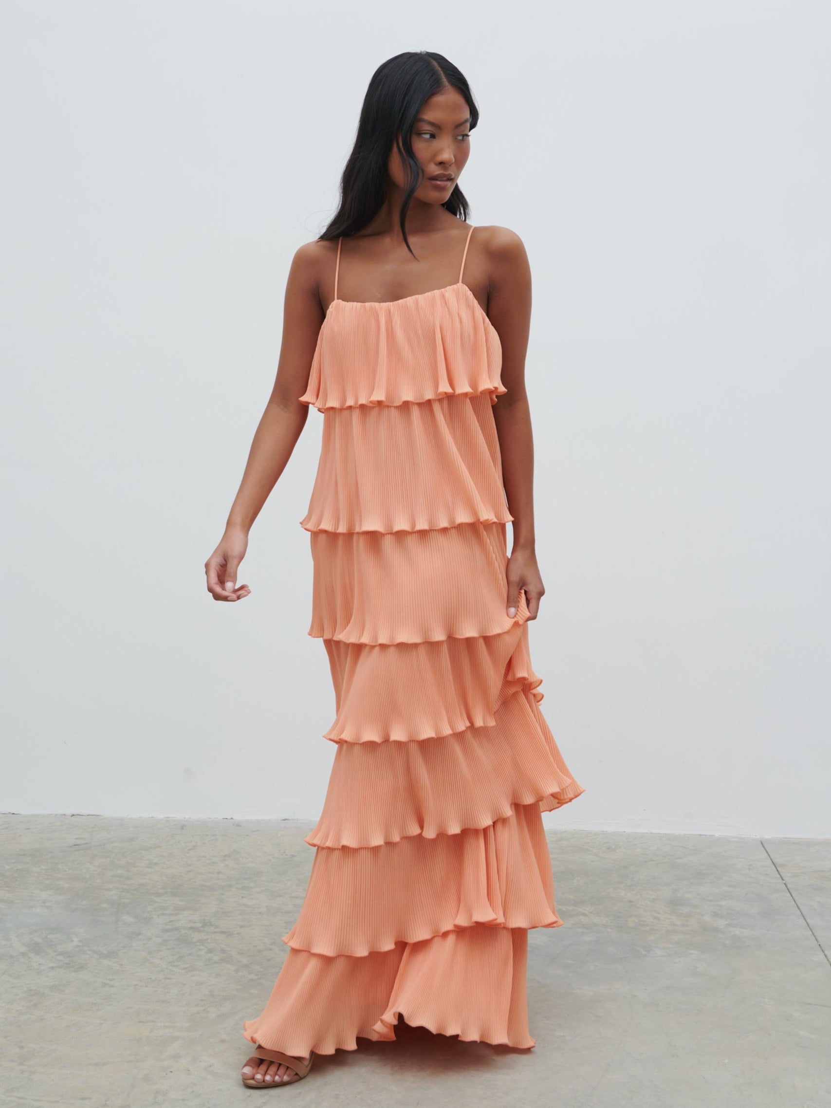 Kaelie Ruffle Plisse Maxi Dress - Apricot