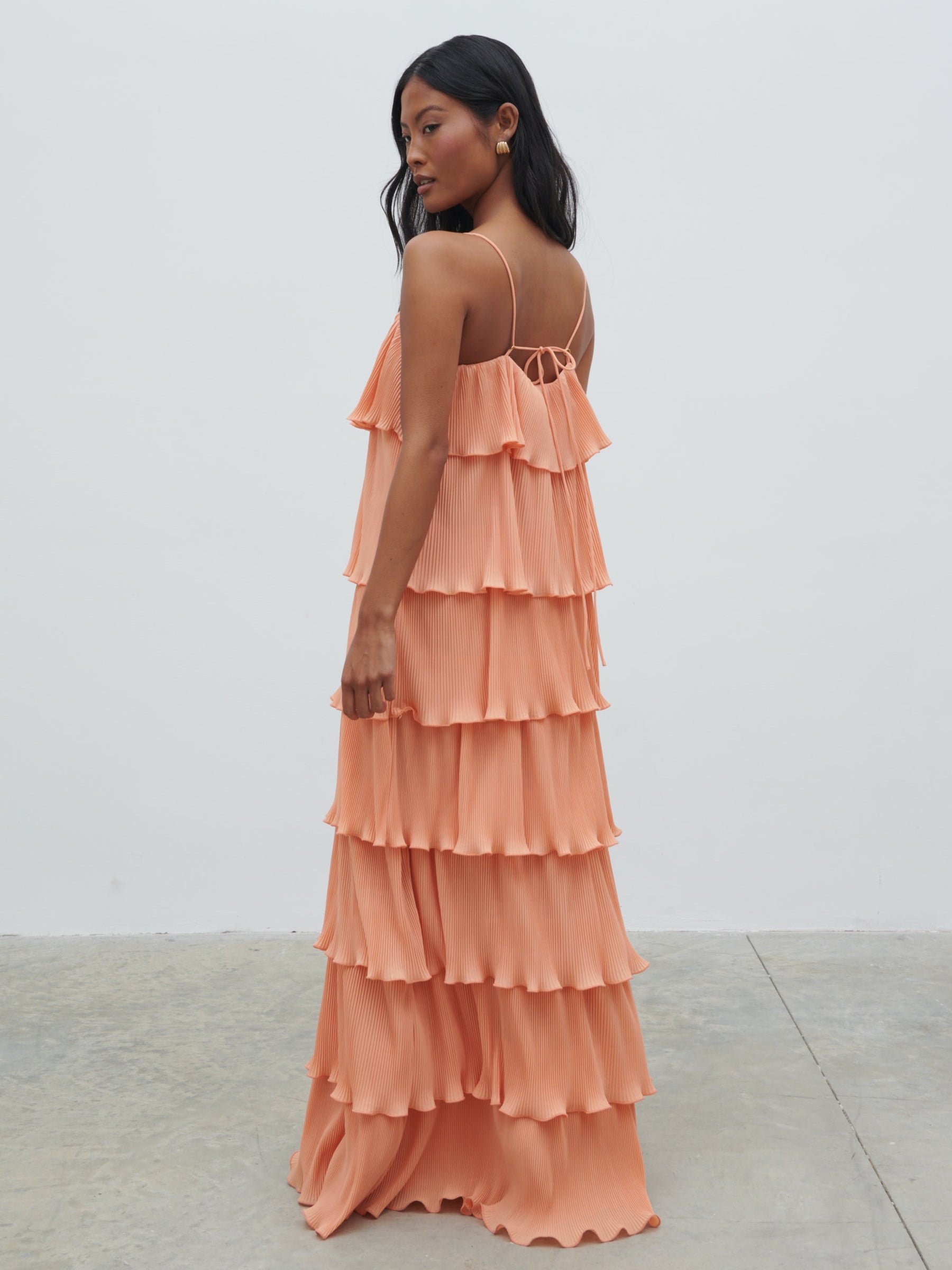 Kaelie Ruffle Plisse Maxi Dress - Apricot