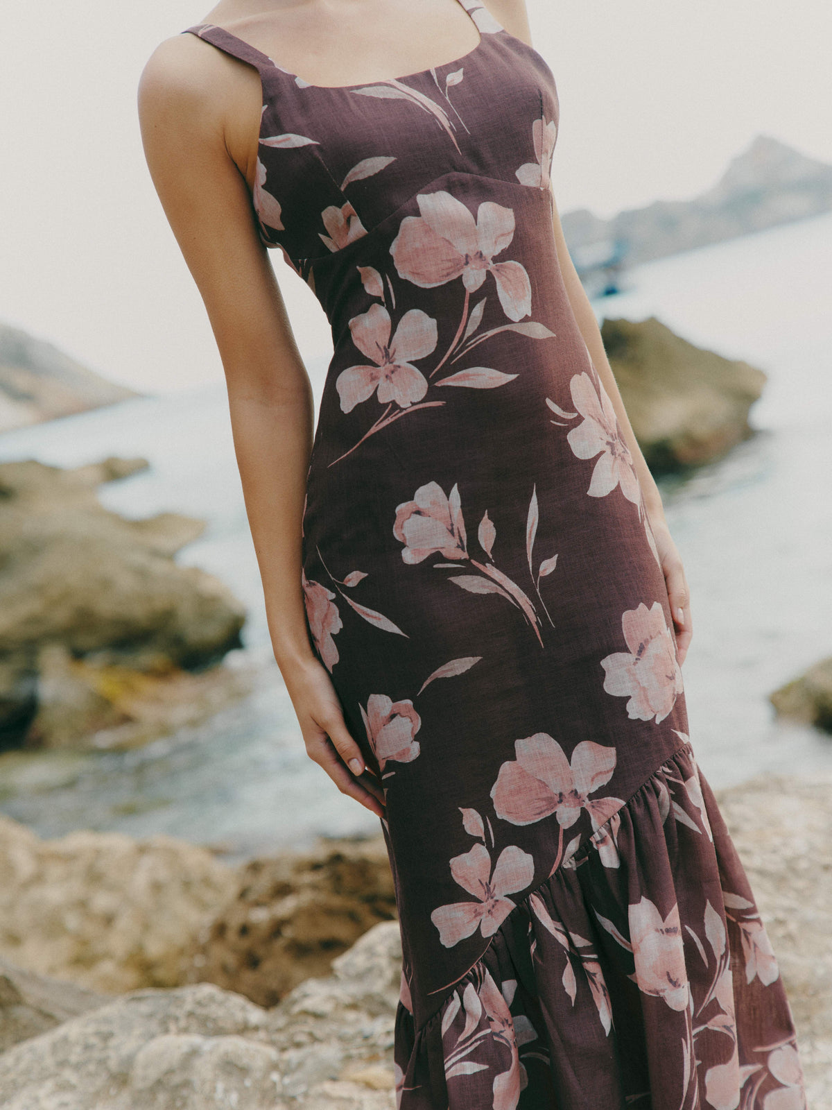 kaia maxi dress brown Kaia Scoop Neck Printed Frill Maxi Dress