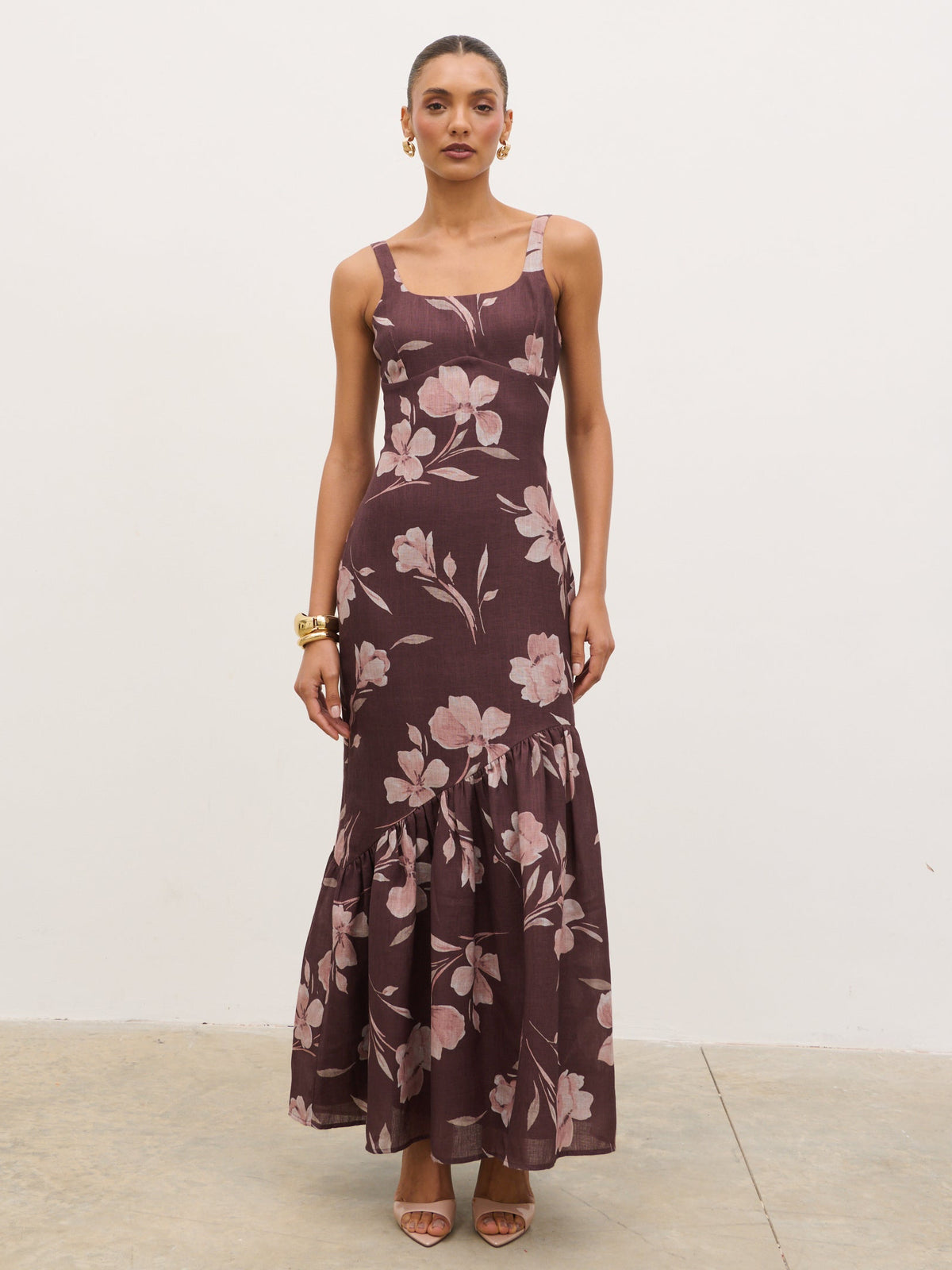 Kaia Scoop Neck Printed Frill Maxi Dress