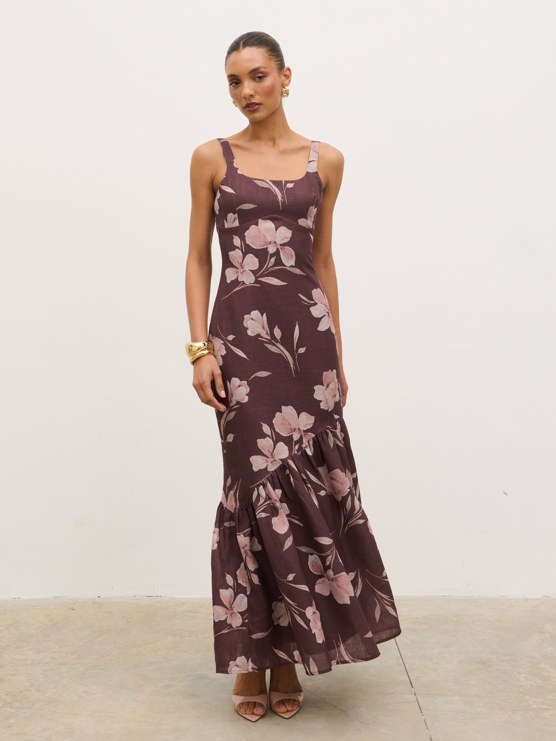 Kaia Scoop Neck Printed Frill Maxi Dress