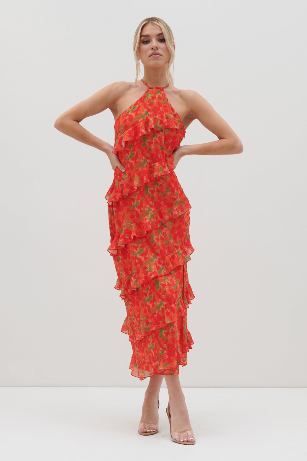 Katy Ruffle Midaxi Dress - Red and Orange Floral