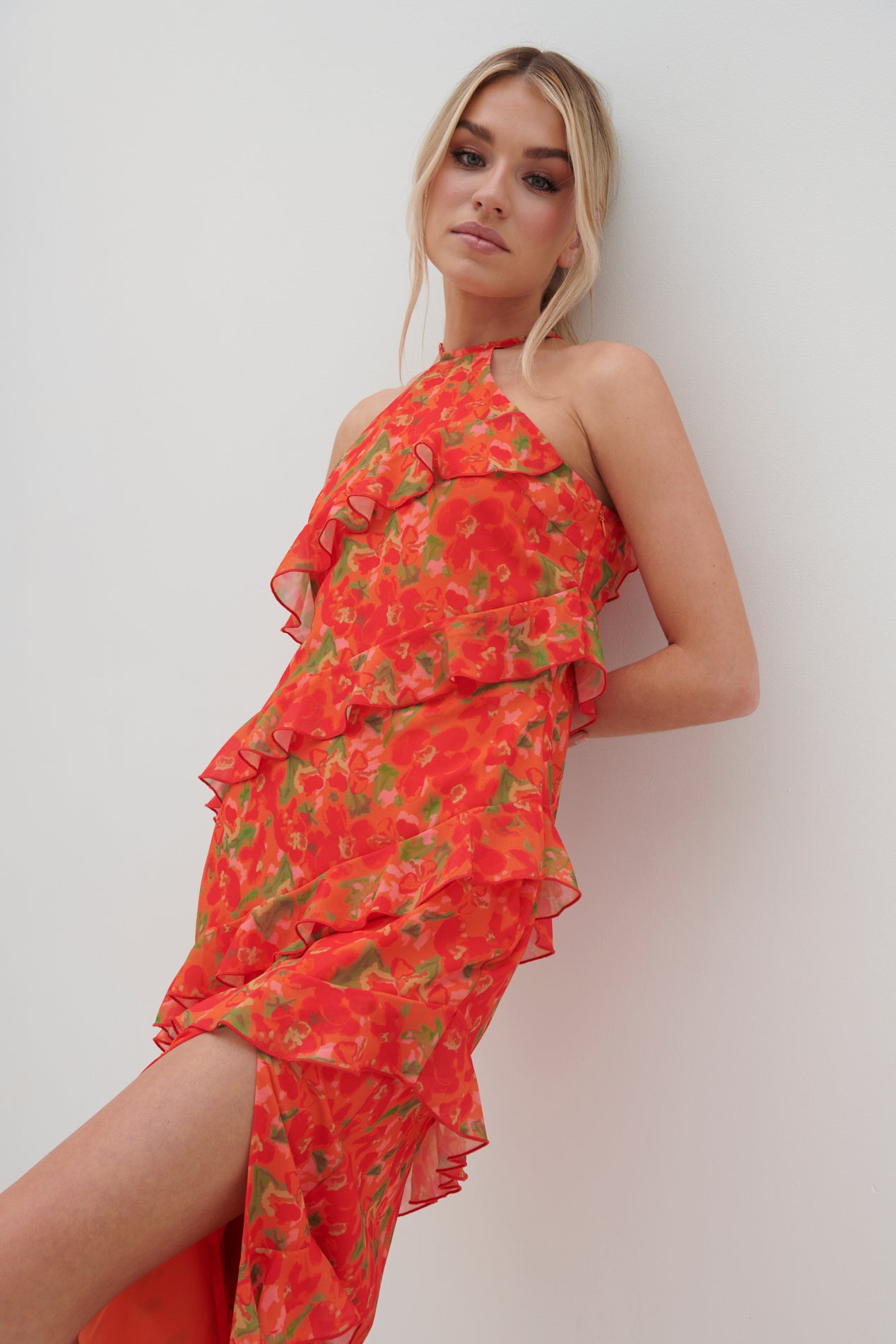 Katy Ruffle Midaxi Dress - Red and Orange Floral